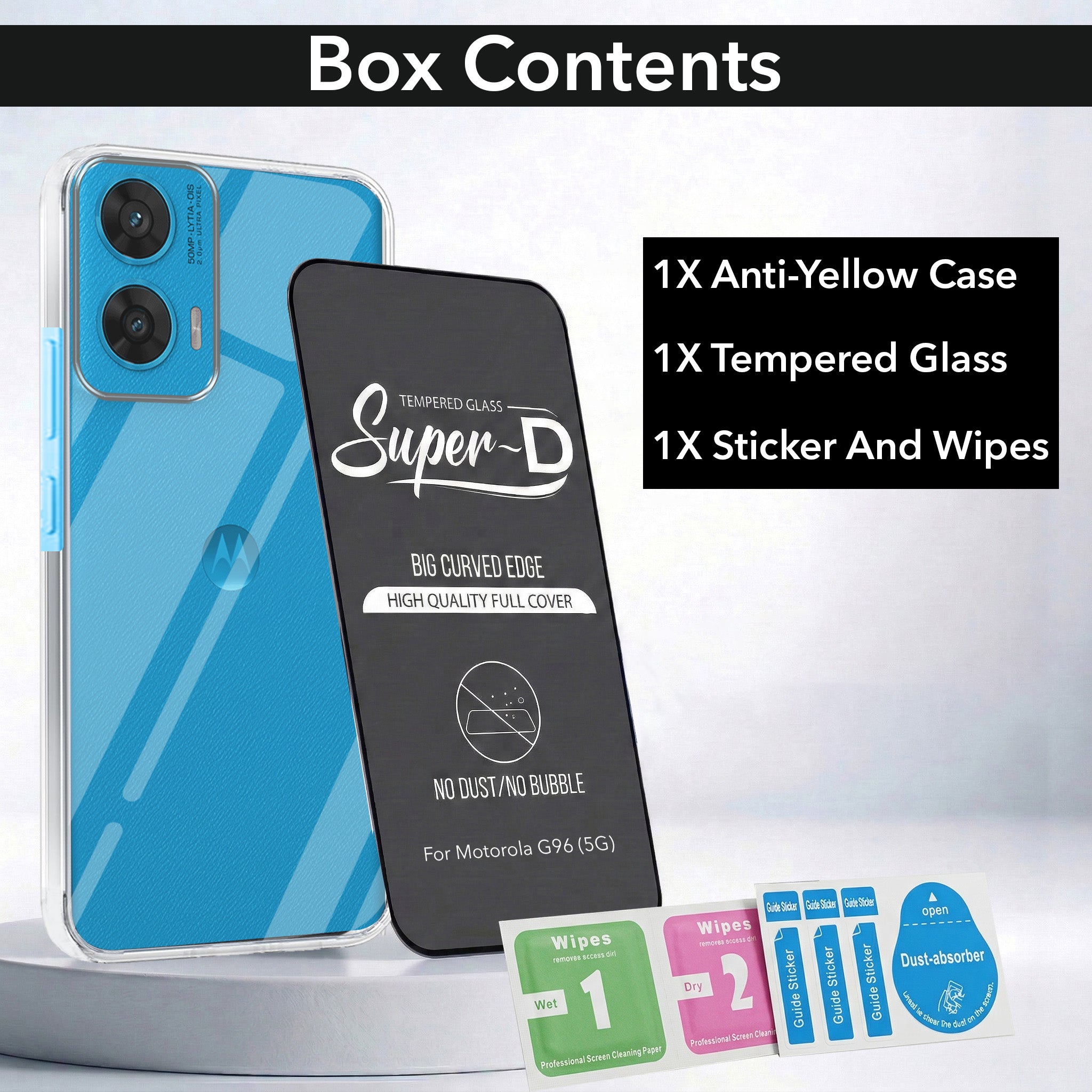 For Motorola Moto G96 Combo with Back Cover and 9H Tempered Glass (Lifetime Anti-Yellow | Sleek Hard Crystal | Oleophobic Coating Screen Glass)