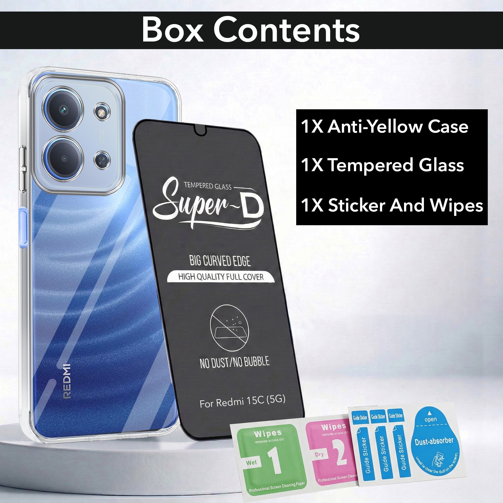 For Redmi 15C Combo with Back Cover and 9H Tempered Glass (Lifetime Anti-Yellow | Sleek Hard Crystal | Oleophobic Coating Screen Glass)