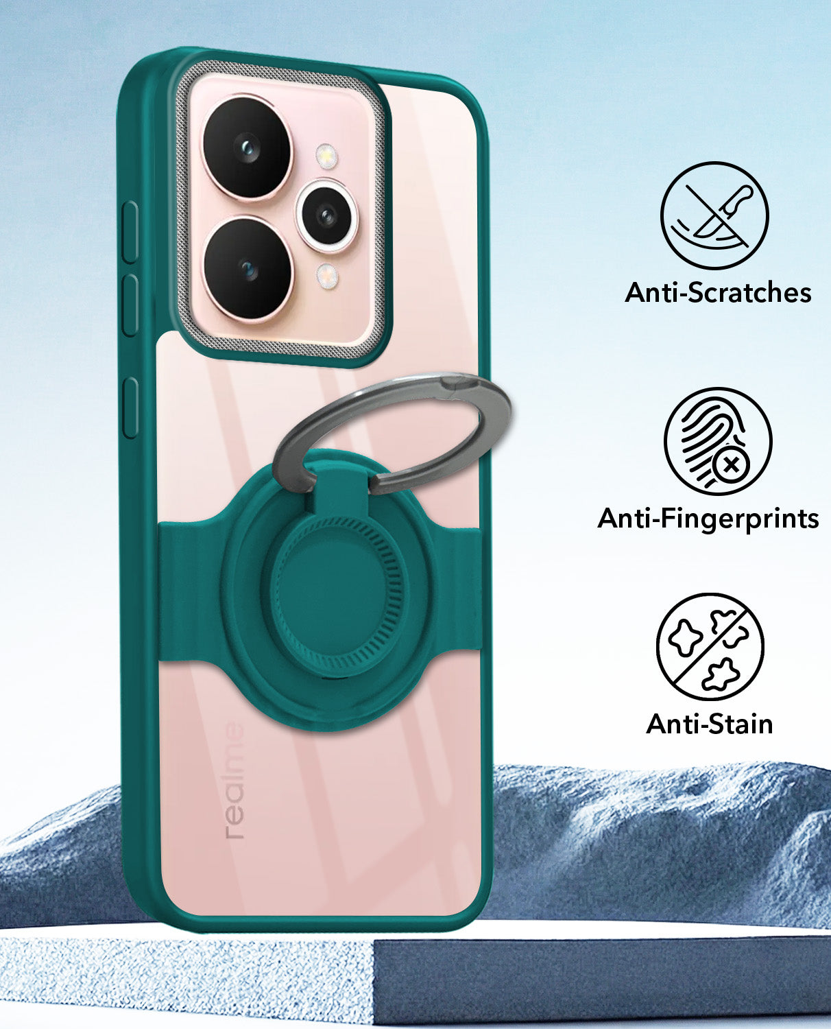 For Realme 15 Back Cover Case with stand (Built-in Ring Holder Kickstand | Lifetime Anti Yellow | Camera Protection)