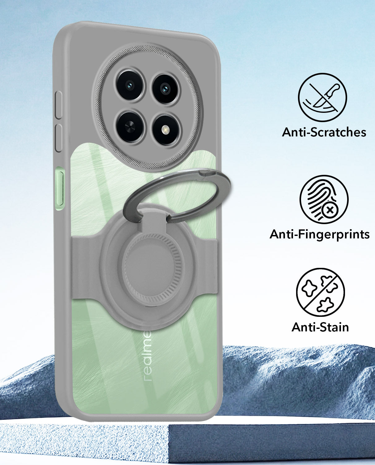 For Realme C65 5G Back Cover Case with stand (Built-in Ring Holder Kickstand | Lifetime Anti Yellow | Camera Protection)