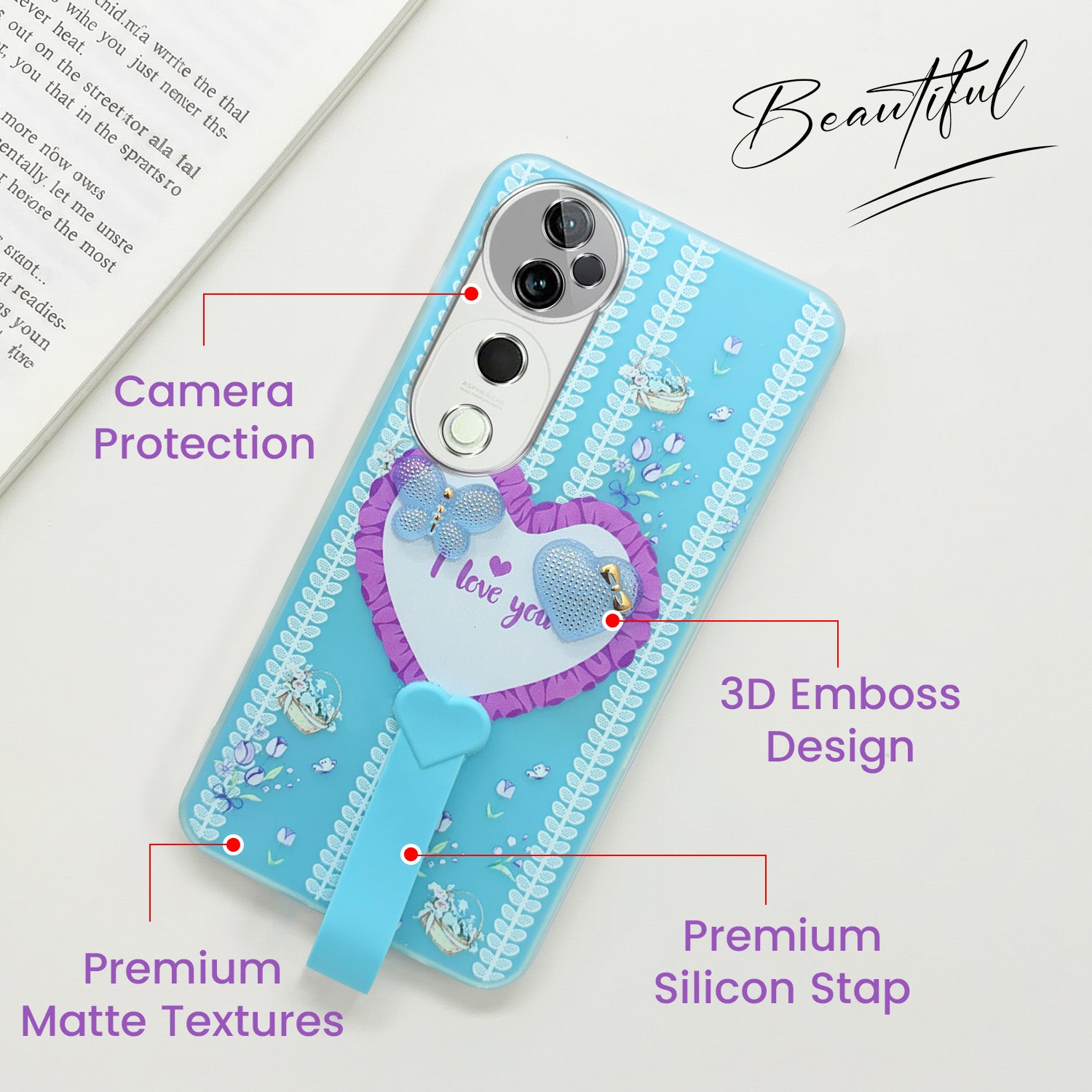 For Vivo T3 Ultra Back Cover Case (3D Cute Heart Strap Holder | Camera Protection | Designer Girls Print)
