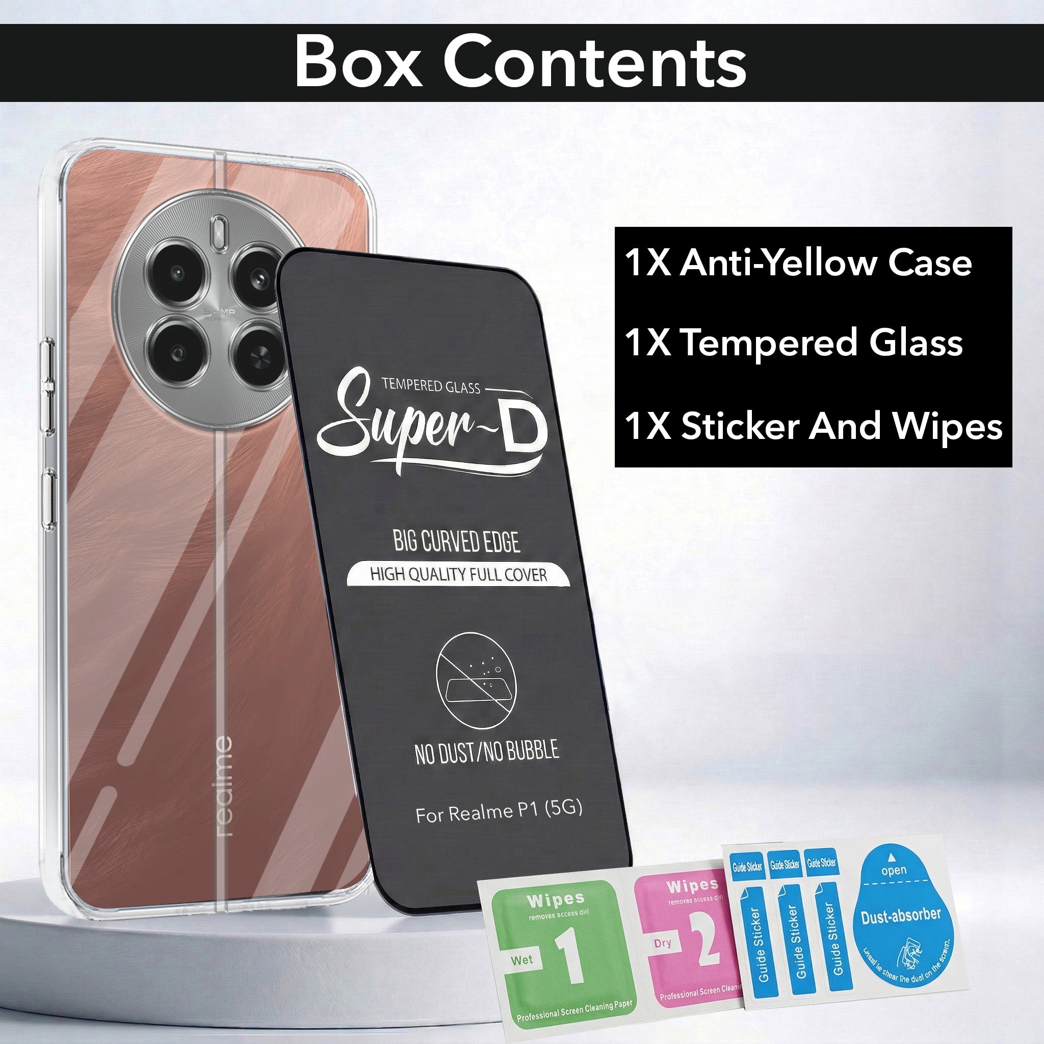 For Realme P1 5G Combo with Back Cover and 9H Tempered Glass (Lifetime Anti-Yellow | Sleek Hard Crystal | Oleophobic Coating Screen Glass)