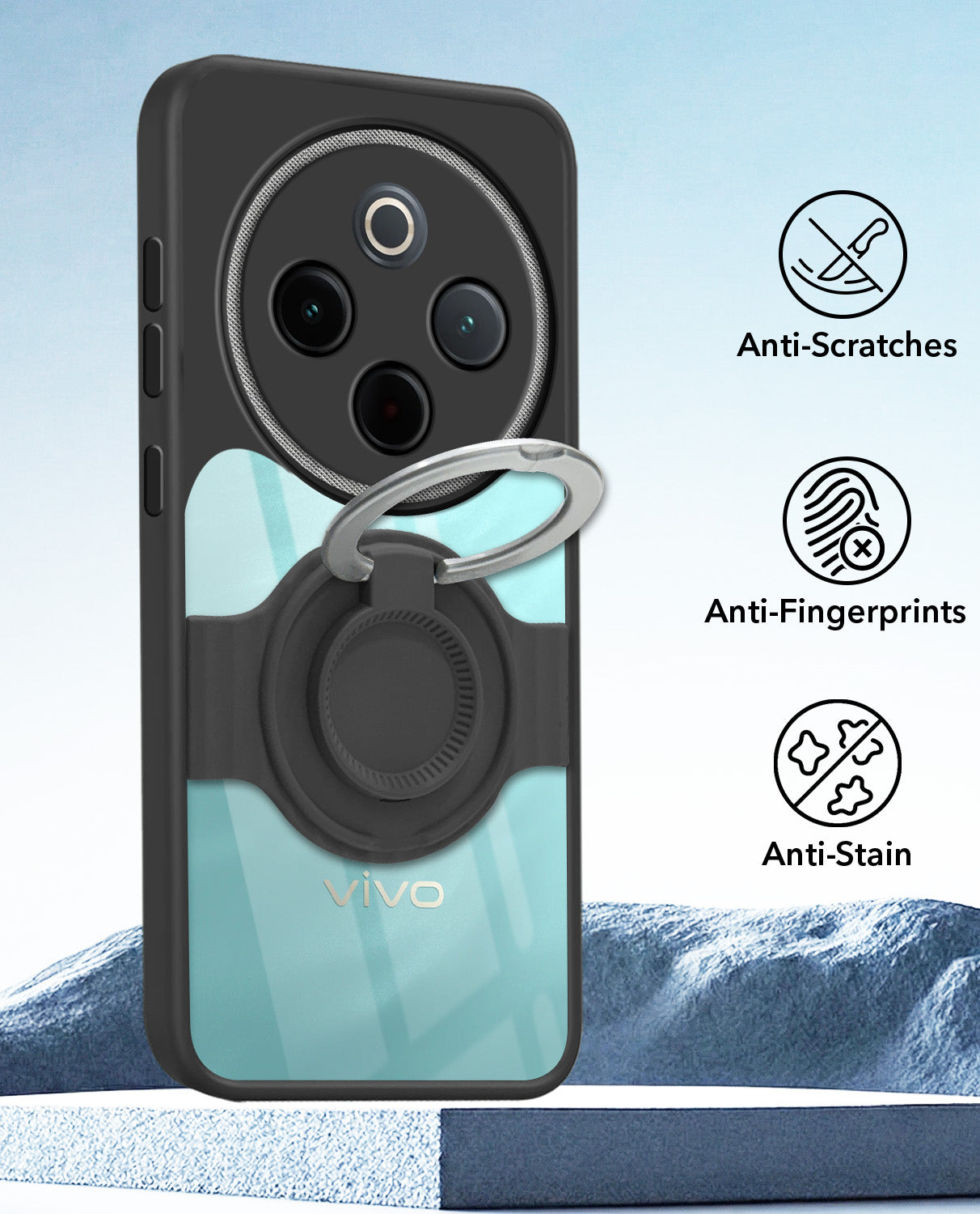 For Vivo T4 Back Cover Case with stand (Built-in Ring Holder Kickstand | Lifetime Anti Yellow | Camera Protection)