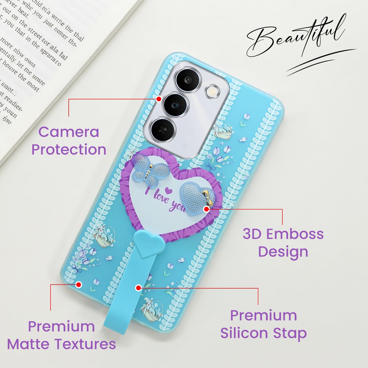 For Realme P4 Lite 5G | Narzo 100 Lite 5G Back Cover Case (3D Cute Heart Strap Holder | Camera Protection | Designer Girls Print)