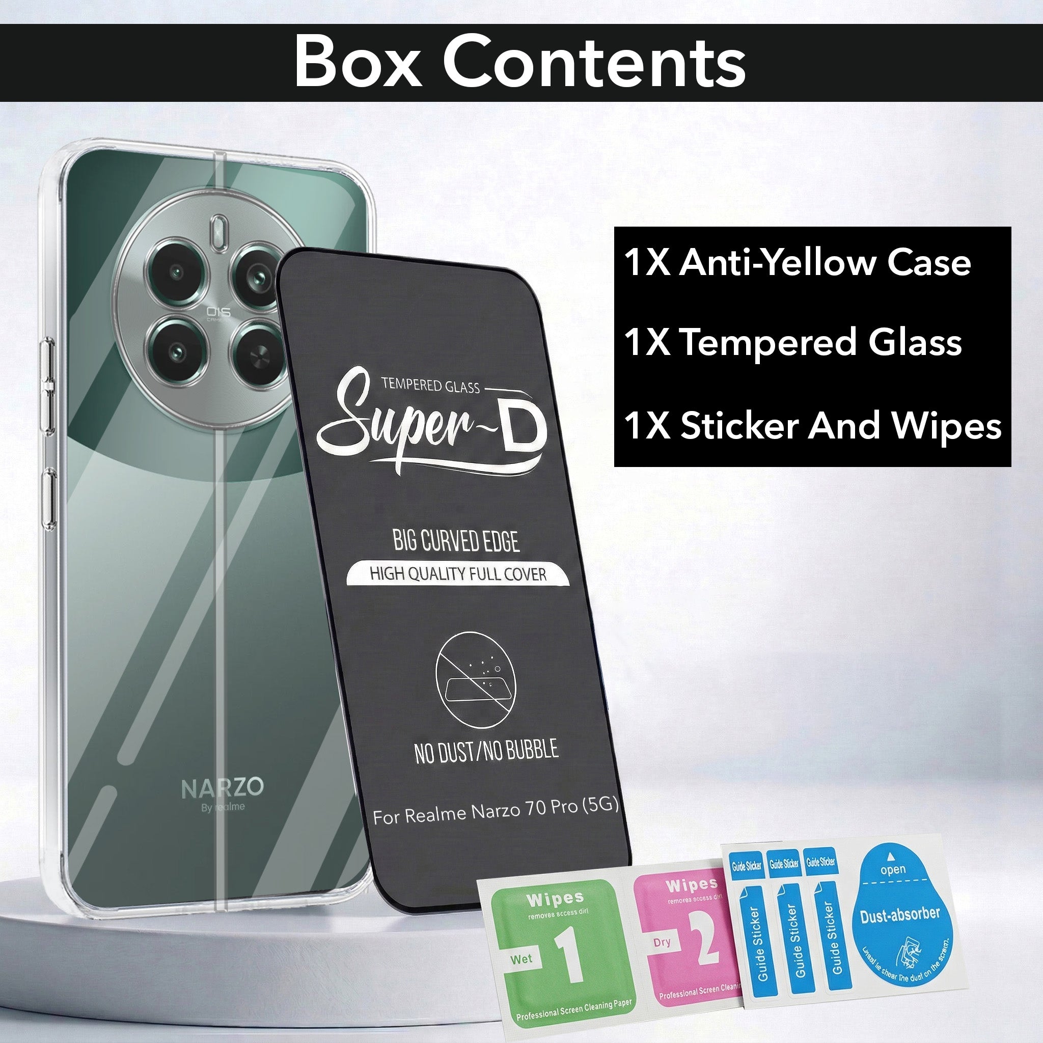 For Realme Narzo 70 Pro Combo with Back Cover and 9H Tempered Glass (Lifetime Anti-Yellow | Sleek Hard Crystal | Oleophobic Coating Screen Glass)