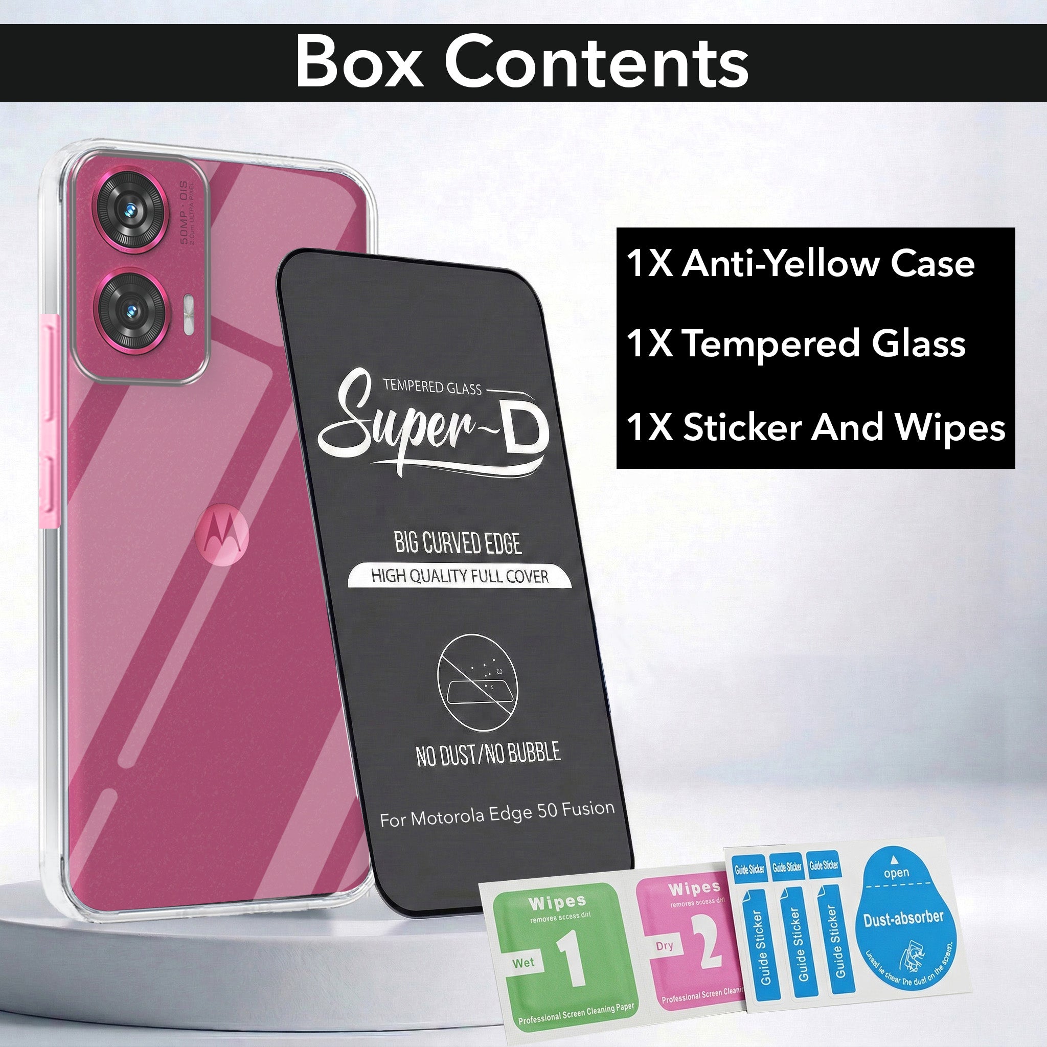 For Motorola Moto Edge 50 Fusion Combo with Back Cover and 9H Tempered Glass (Lifetime Anti-Yellow | Sleek Hard Crystal | Oleophobic Coating Screen Glass)