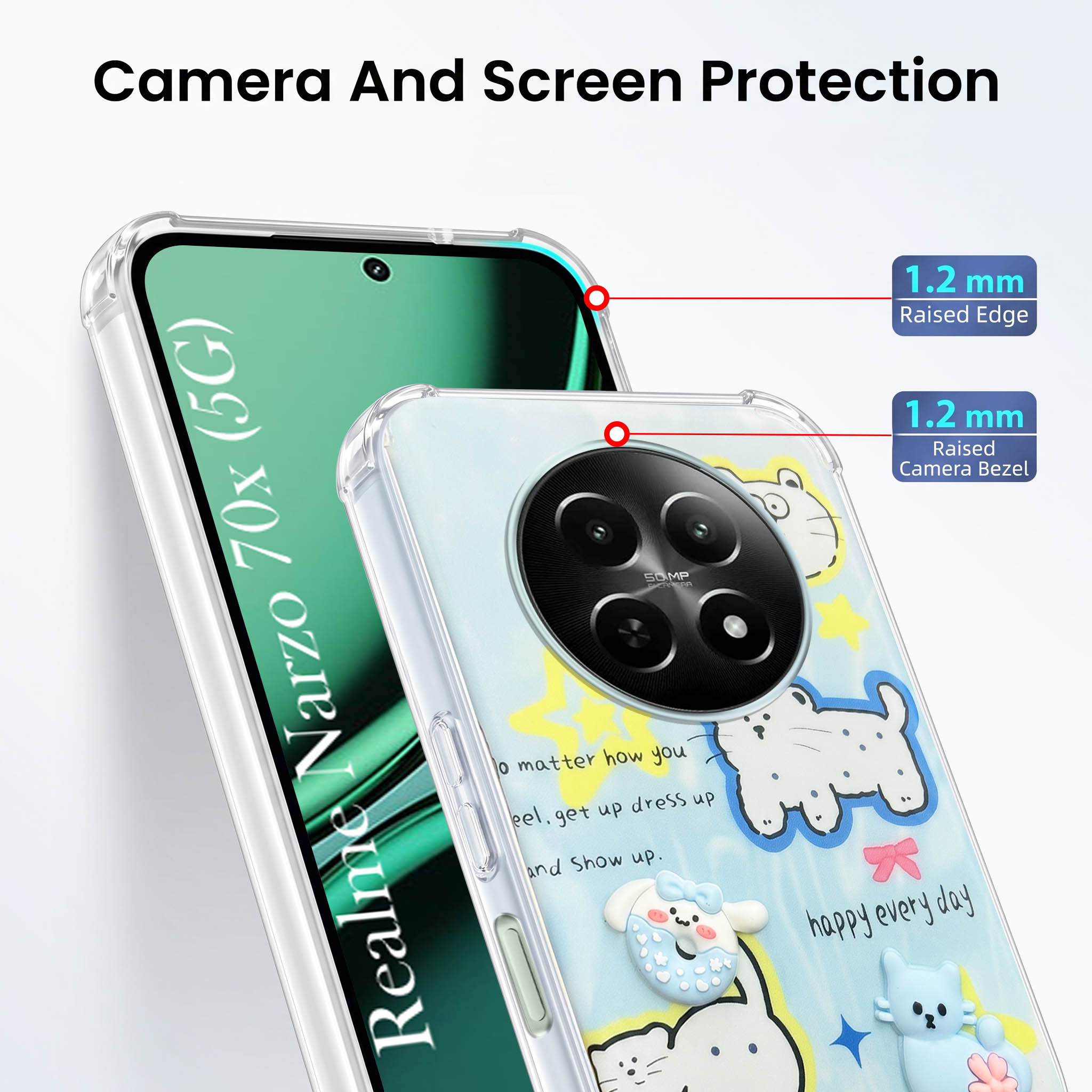 For Realme Narzo 70x 5G Back Cover Case (3D Cute Cartoons | Hard Back Side Soft | Matte Premium Finish | HD Printing)