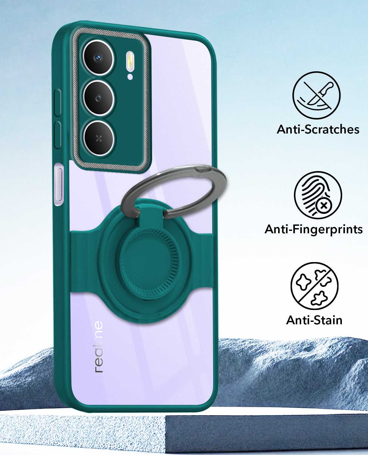 For Realme Narzo 80 Lite 5G Back Cover Case with stand (Built-in Ring Holder Kickstand | Lifetime Anti Yellow | Camera Protection)