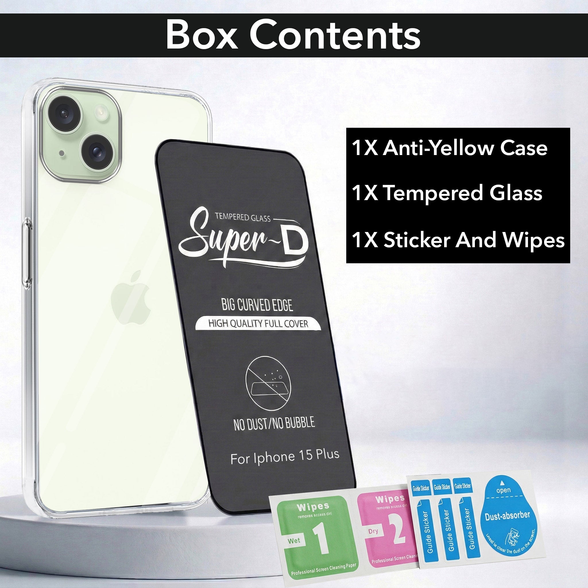 For Apple iPhone 15 Plus Combo with Back Cover and 9H Tempered Glass (Lifetime Anti-Yellow | Sleek Hard Crystal | Oleophobic Coating Screen Glass)