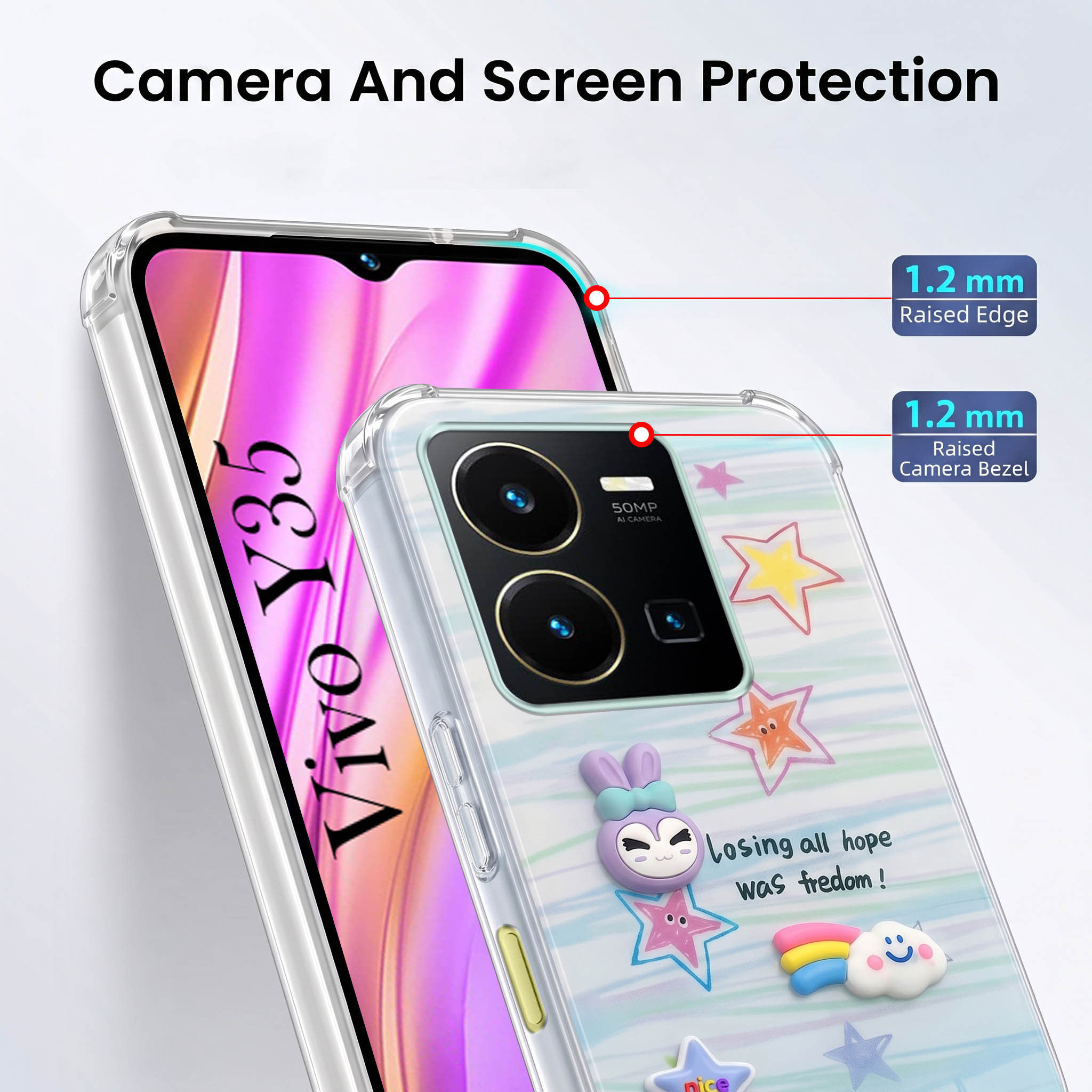 For Vivo Y35 Back Cover Case (3D Cute Cartoons | Hard Back Side Soft | Matte Premium Finish | HD Printing)