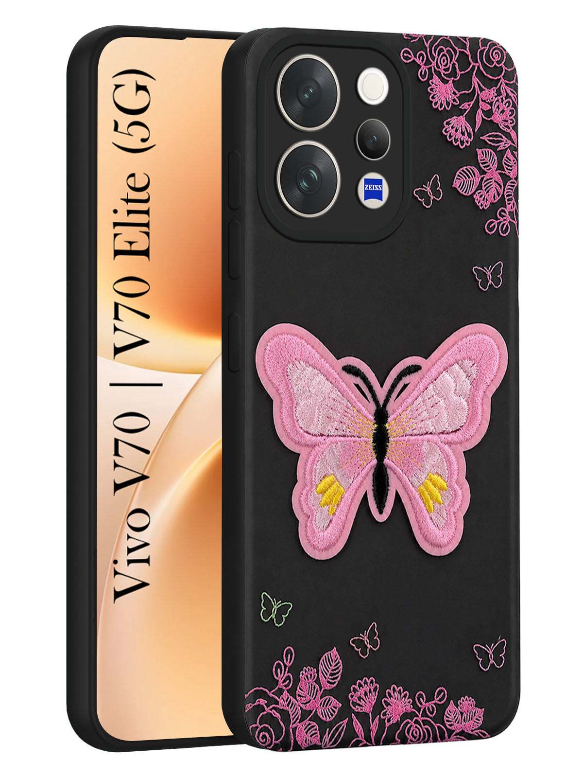 For Vivo V70 | Vivo V70 Elite 5G Back Cover Case (Soft Butterfly Embroidery | Women Teen Girls | Camera Protection| Matte Silicone)