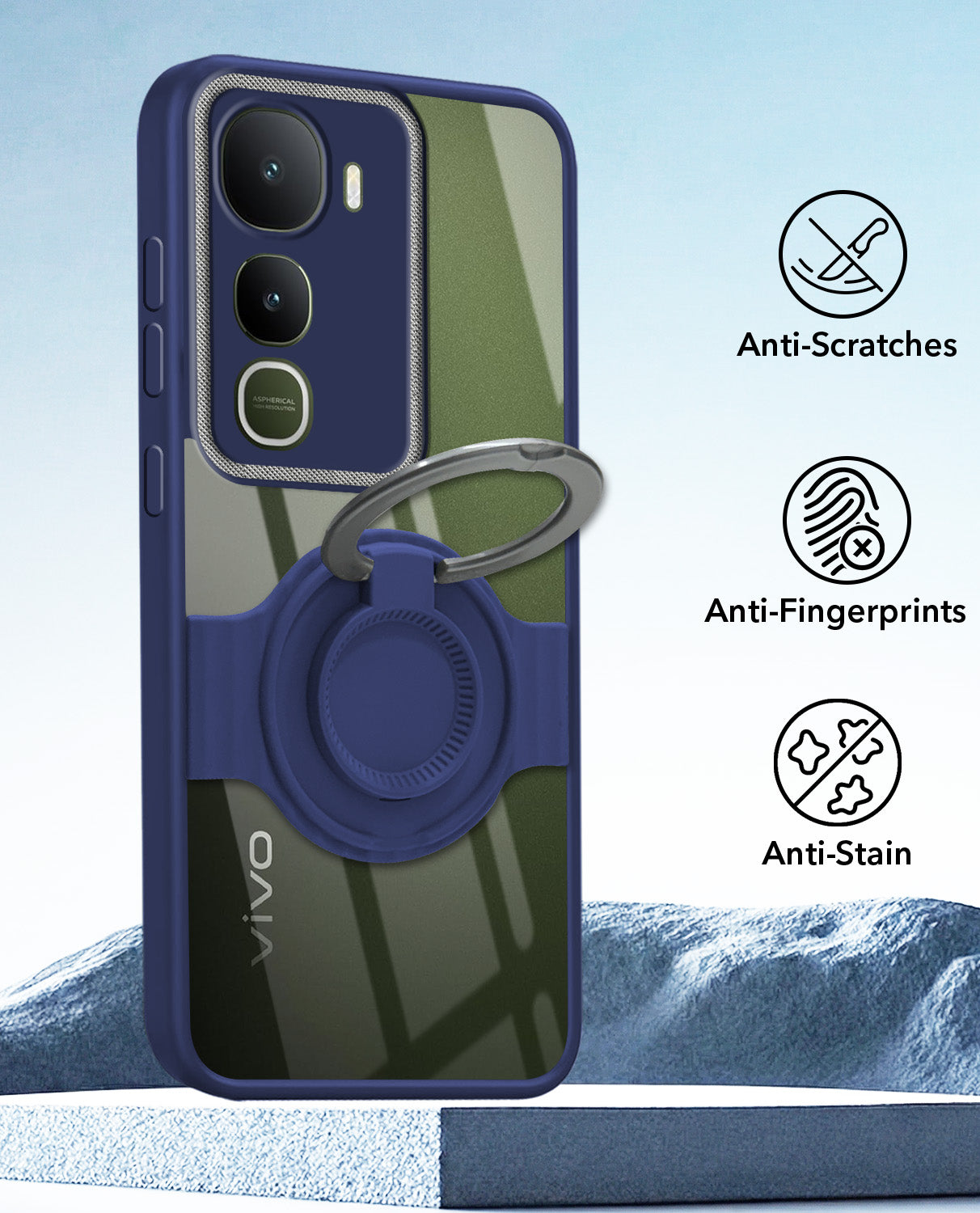 For Vivo Y400 Back Cover Case with stand (Built-in Ring Holder Kickstand | Lifetime Anti Yellow | Camera Protection)