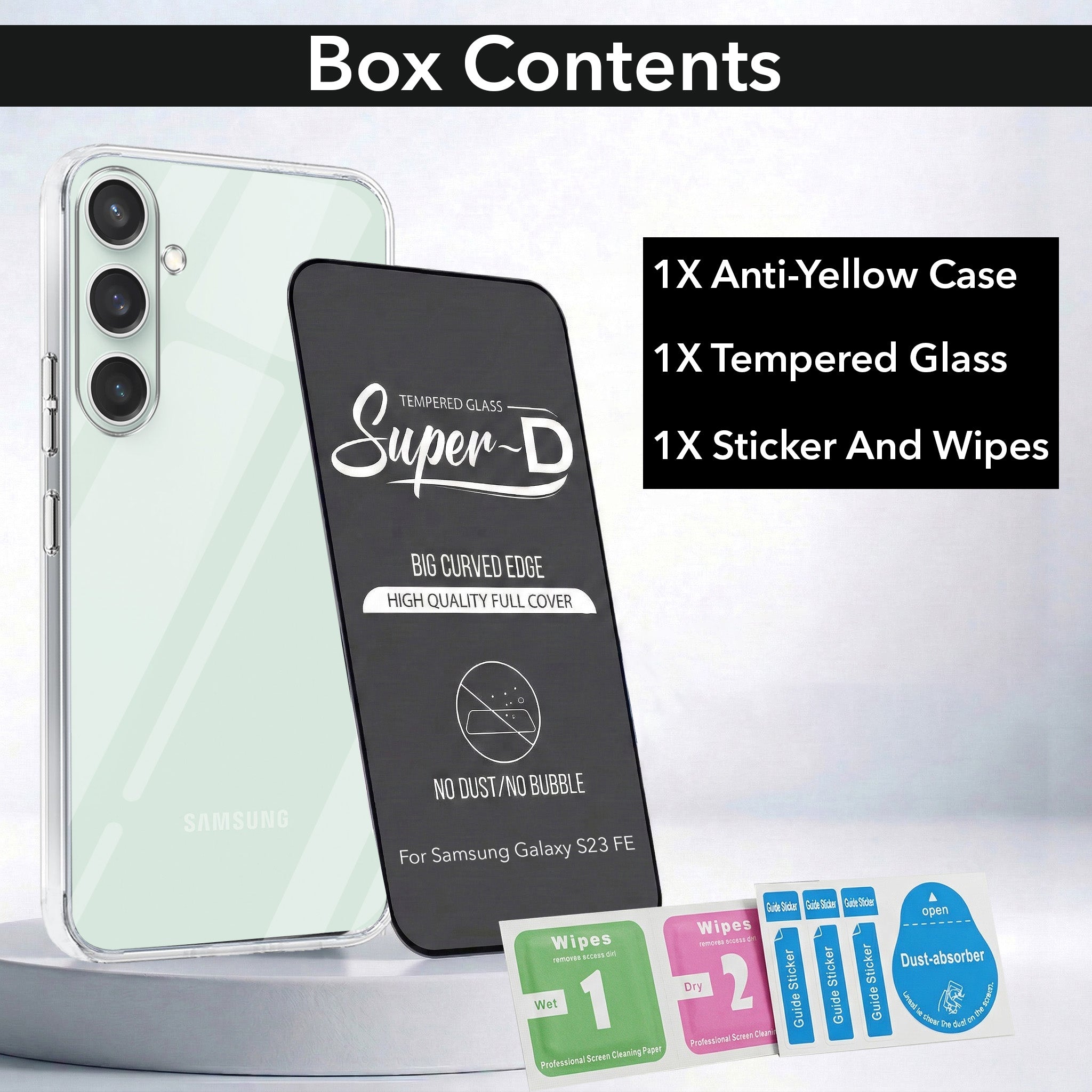 For Samsung Galaxy S23 FE 5G Combo with Back Cover and 9H Tempered Glass (Lifetime Anti-Yellow | Sleek Hard Crystal | Oleophobic Coating Screen Glass)