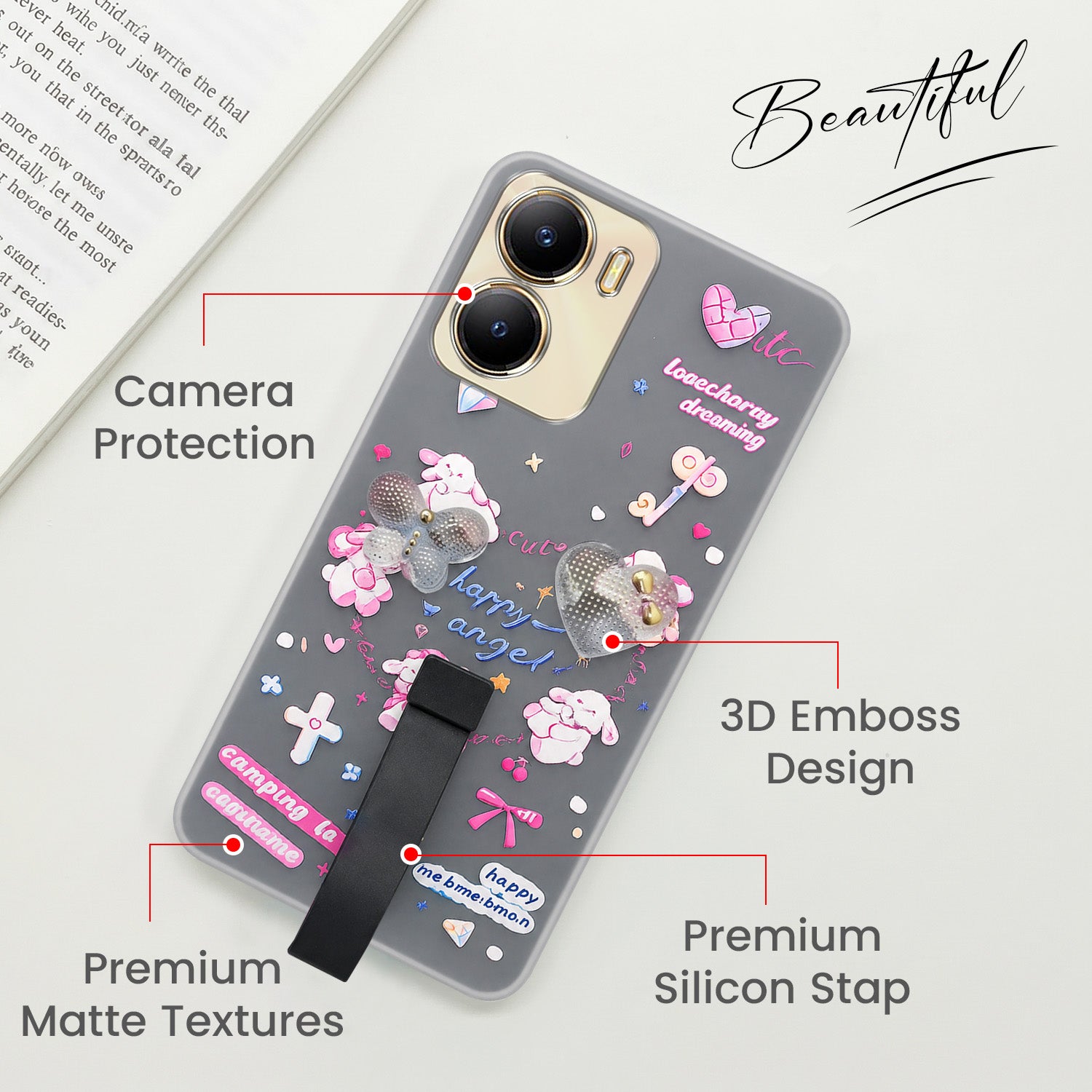 For Vivo Y56 5G Back Cover Case (3D Cute Heart Strap Holder | Camera Protection | Designer Girls Print)