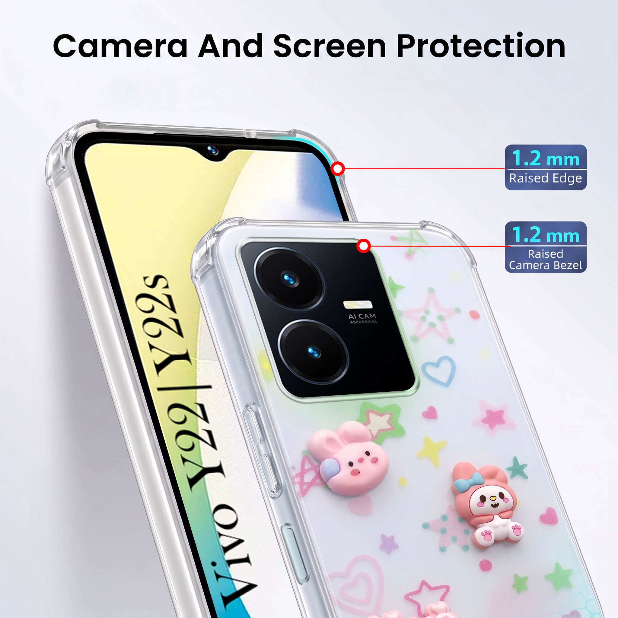 For Vivo Y22 | Vivo Y22s Back Cover Case (3D Cute Cartoons | Hard Back Side Soft | Matte Premium Finish | HD Printing)