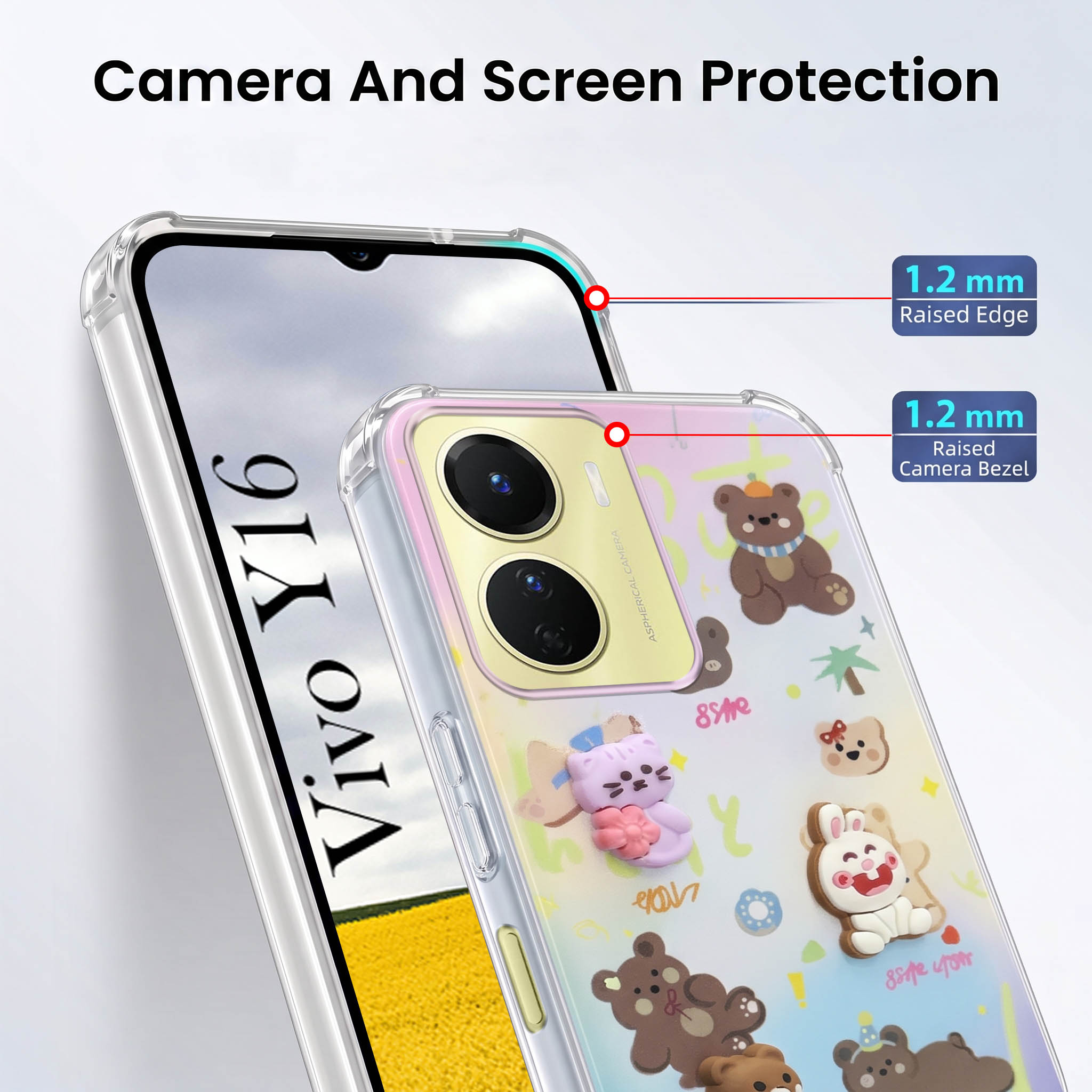 For Vivo Y16 Back Cover Case (3D Cute Cartoons | Hard Back Side Soft | Matte Premium Finish | HD Printing)