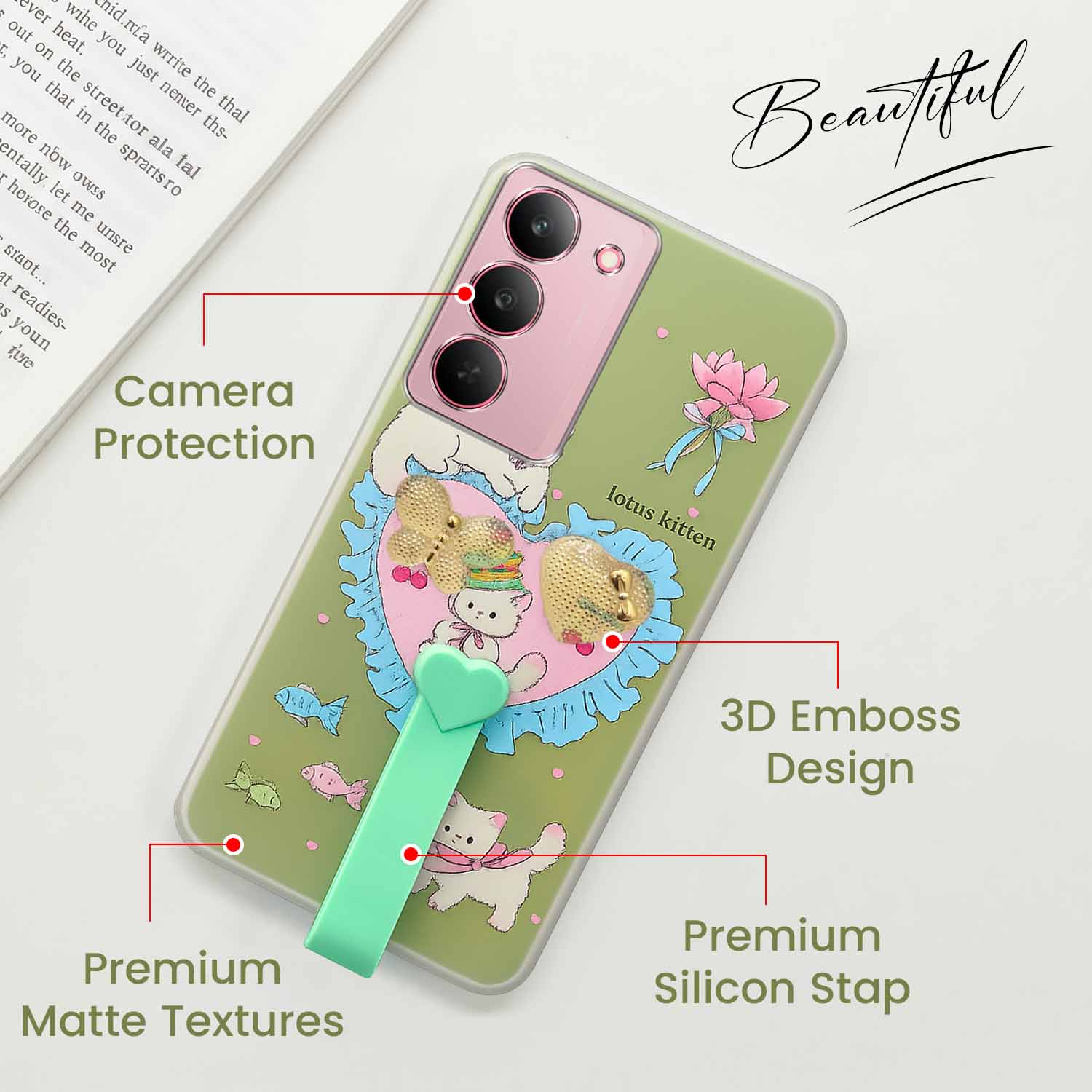 For Realme 14X Back Cover Case (3D Cute Heart Strap Holder | Camera Protection | Designer Girls Print)