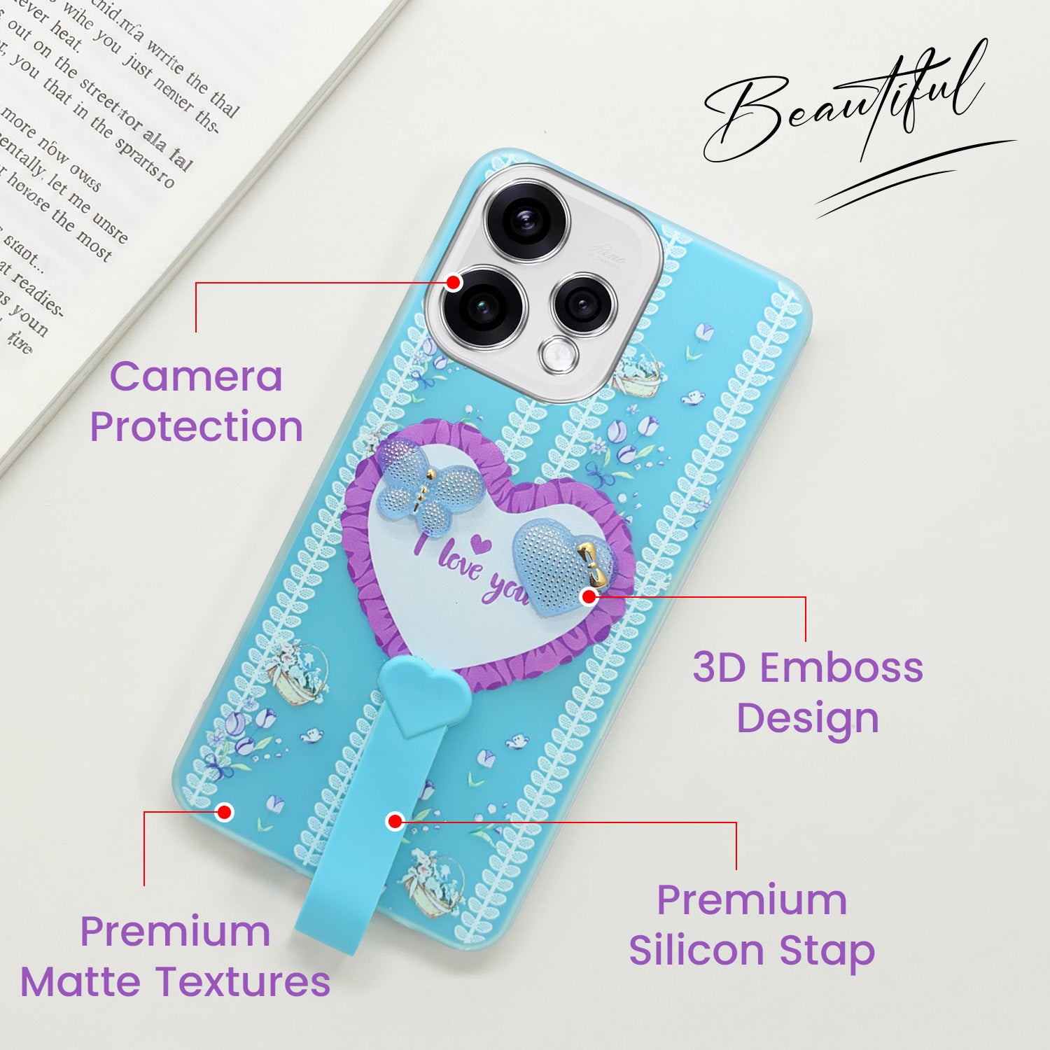 For Oppo Reno15 5G Back Cover Case (3D Cute Heart Strap Holder | Camera Protection | Designer Girls Print)