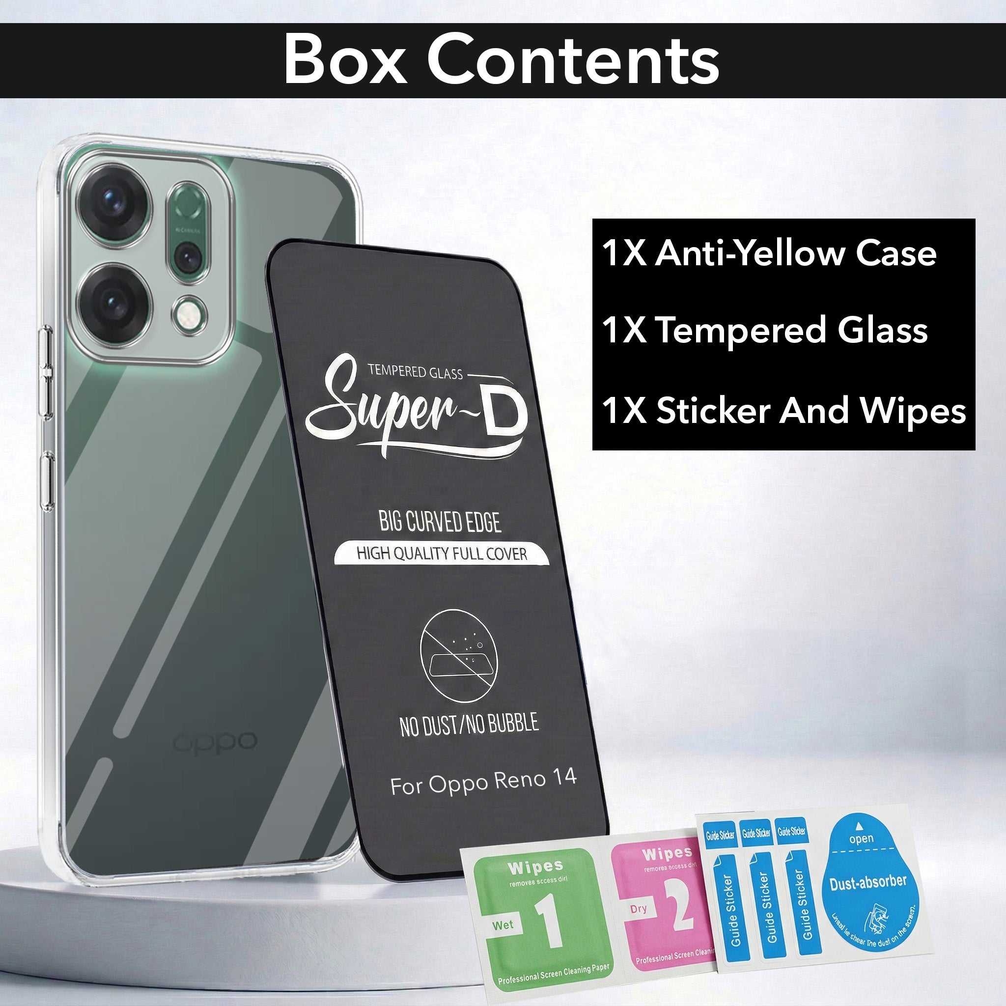 For Oppo Reno14 5G | Oppo Reno 14 5G Combo with Back Cover and 9H Tempered Glass (Lifetime Anti-Yellow | Sleek Hard Crystal | Oleophobic Coating Screen Glass)