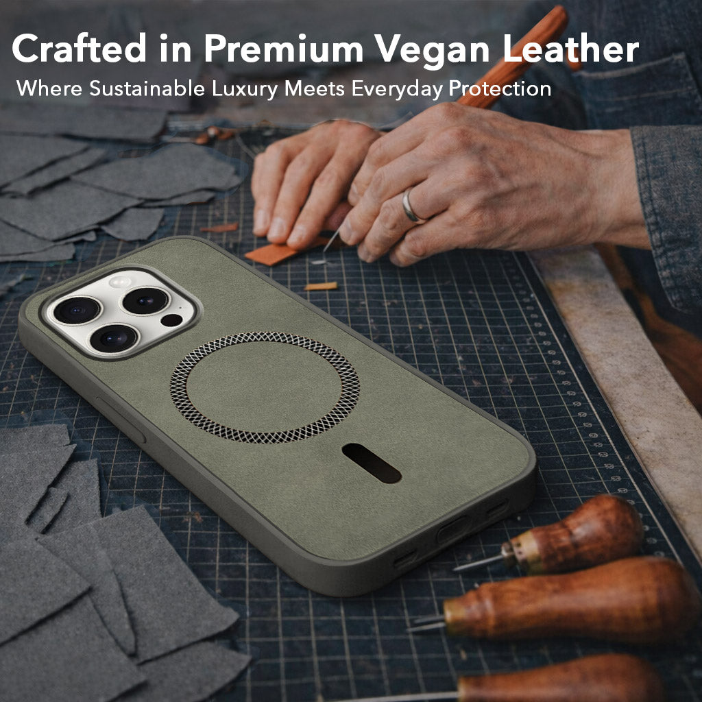For Apple iPhone 15 Pro Back Cover Case Leather Finish (MagSafe Compatible Wireless Charging | Soft Touch | Camera Bump Protection)