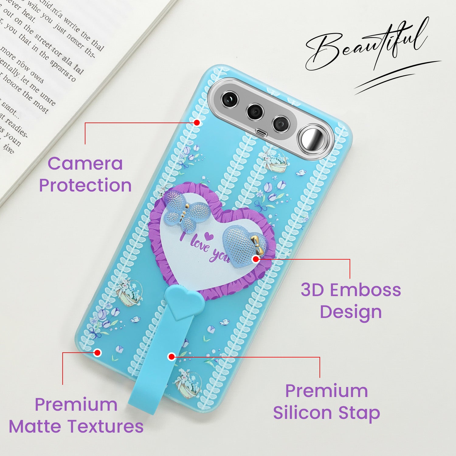 For Realme 16 Back Cover Case (3D Cute Heart Strap Holder | Camera Protection | Designer Girls Print)