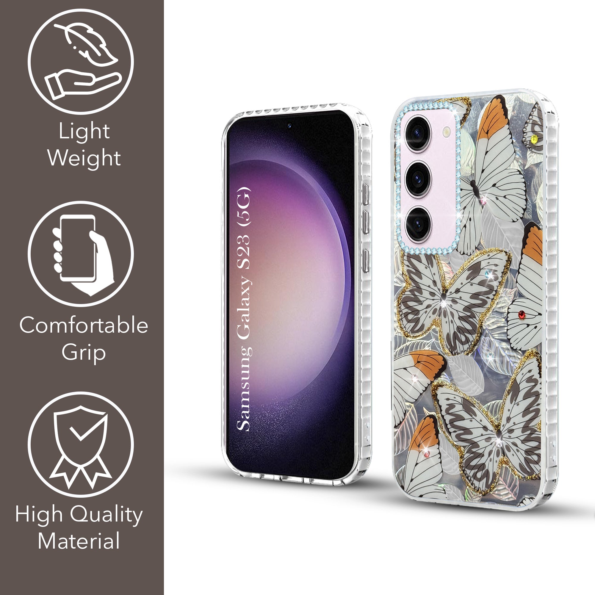 For Samsung Galaxy S23 5G Back Cover Case (Luxury Floral Glitter Cute Butterfly | Diamond Studded Camera Bump | Girls & Women Design)