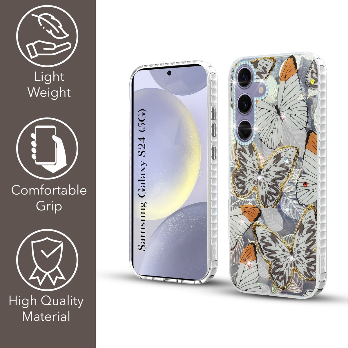 For Samsung Galaxy S24 Back Cover Case (Luxury Floral Glitter Cute Butterfly | Diamond Studded Camera Bump | Girls & Women Design)