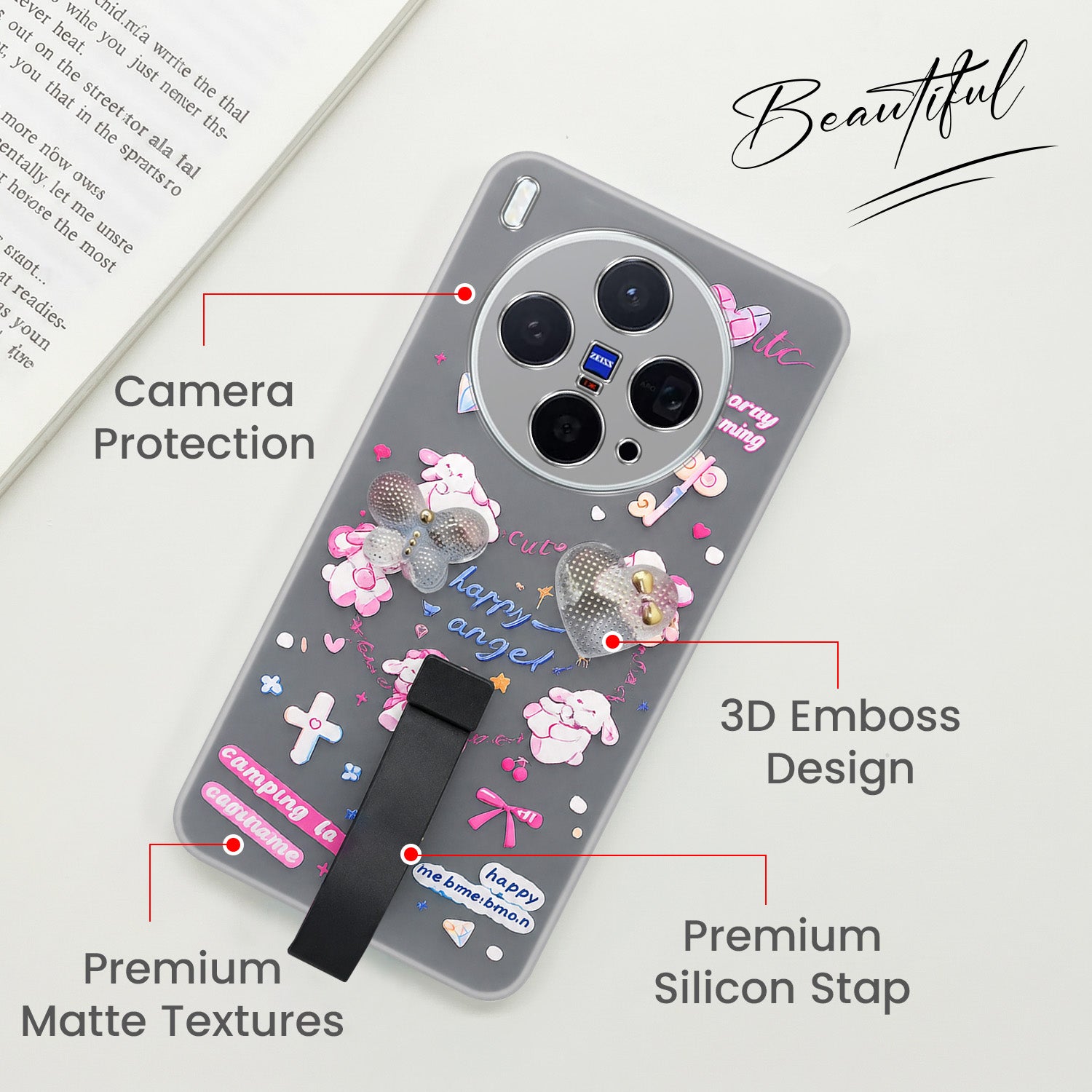 For Vivo X300 5G Back Cover Case (3D Cute Heart Strap Holder | Camera Protection | Designer Girls Print)
