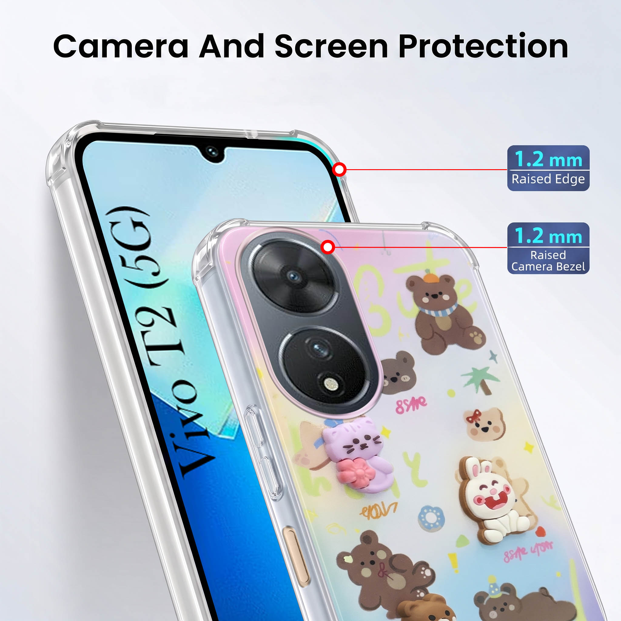 For Vivo T2 Back Cover Case (3D Cute Cartoons | Hard Back Side Soft | Matte Premium Finish | HD Printing)