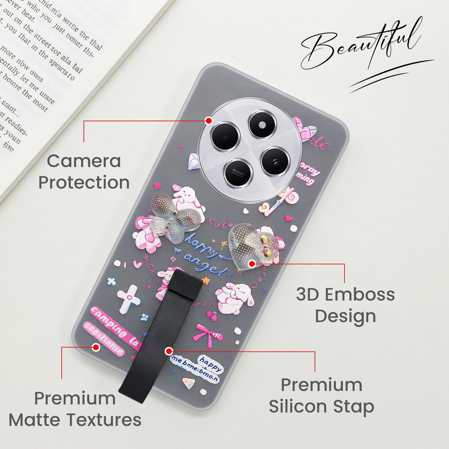 For Redmi A4 5G | Xiaomi Redmi 14C Back Cover Case (3D Cute Heart Strap Holder | Camera Protection | Designer Girls Print)