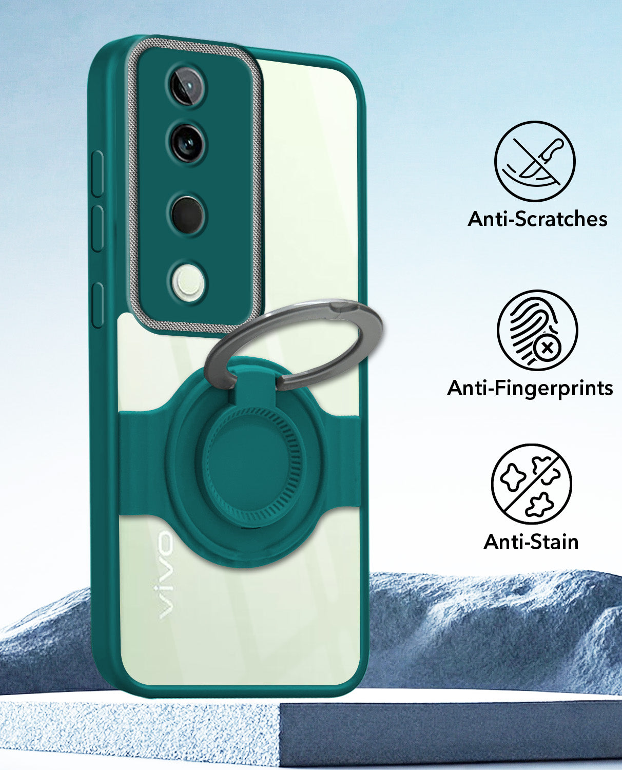 For Vivo T3 Ultra Back Cover Case with stand (Built-in Ring Holder Kickstand | Lifetime Anti Yellow | Camera Protection)