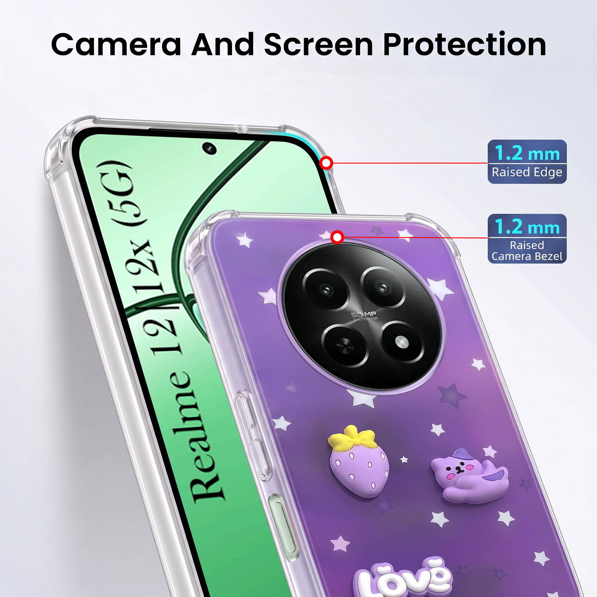 For Realme 12 | Realme 12X Back Cover Case (3D Cute Cartoons | Hard Back Side Soft | Matte Premium Finish | HD Printing)