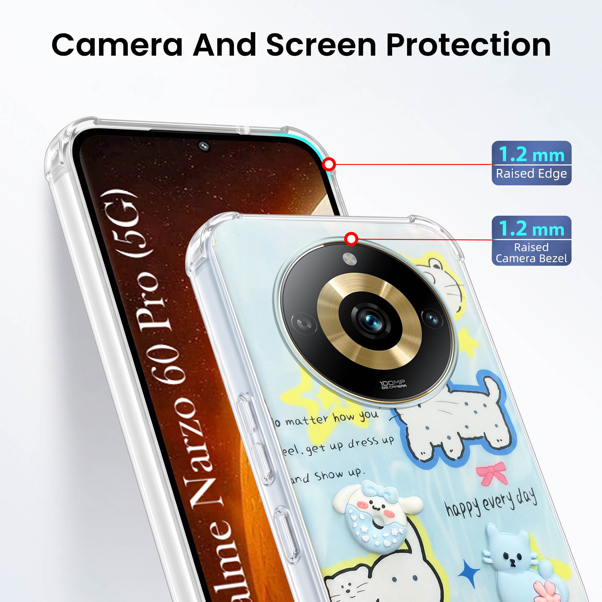 For Realme Narzo 60 Pro Back Cover Case (3D Cute Cartoons | Hard Back Side Soft | Matte Premium Finish | HD Printing)