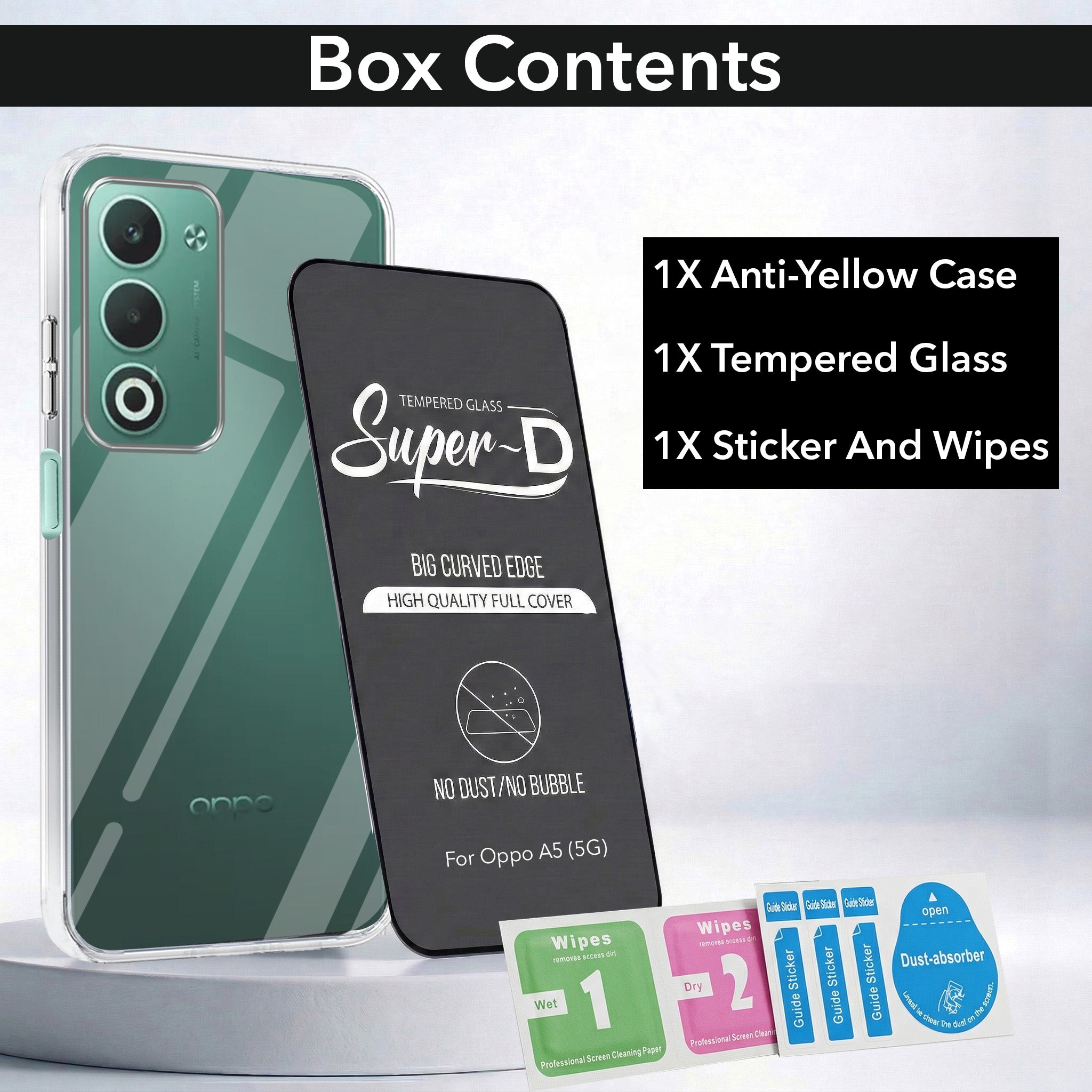 For Oppo A5 5G Combo with Back Cover and 9H Tempered Glass (Lifetime Anti-Yellow | Sleek Hard Crystal | Oleophobic Coating Screen Glass)