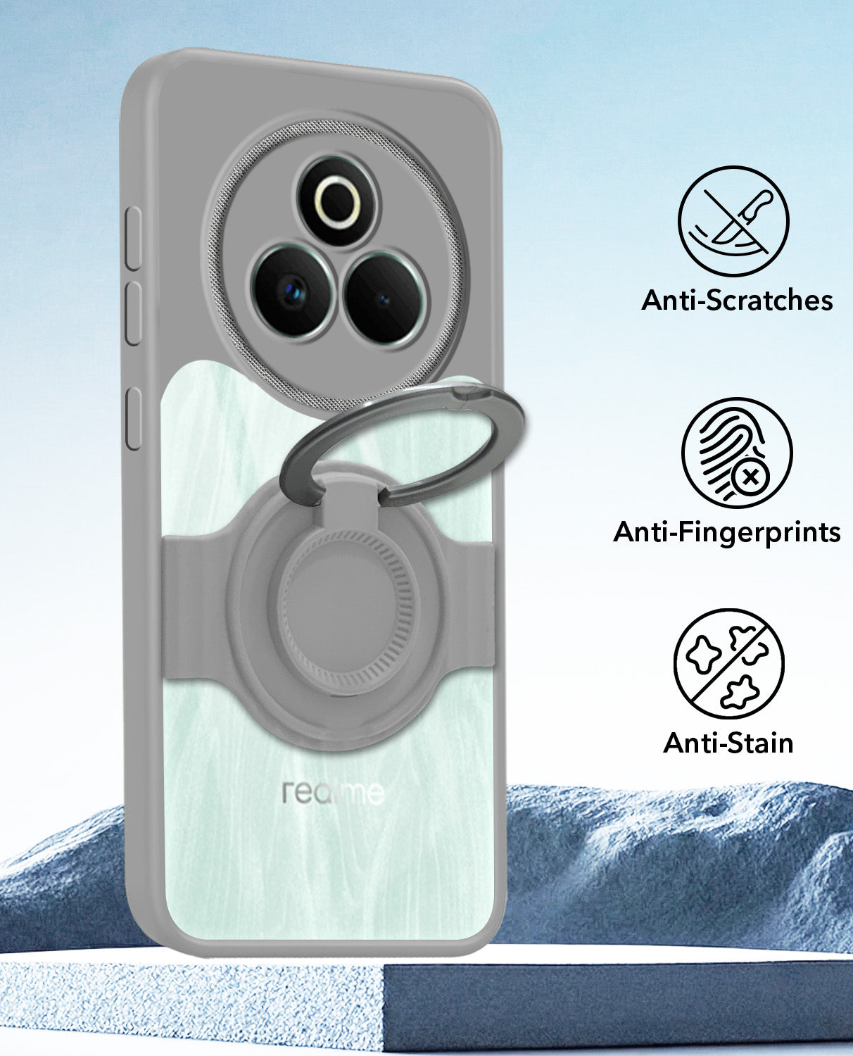 For Realme P3 Pro Back Cover Case with stand (Built-in Ring Holder Kickstand | Lifetime Anti Yellow | Camera Protection)