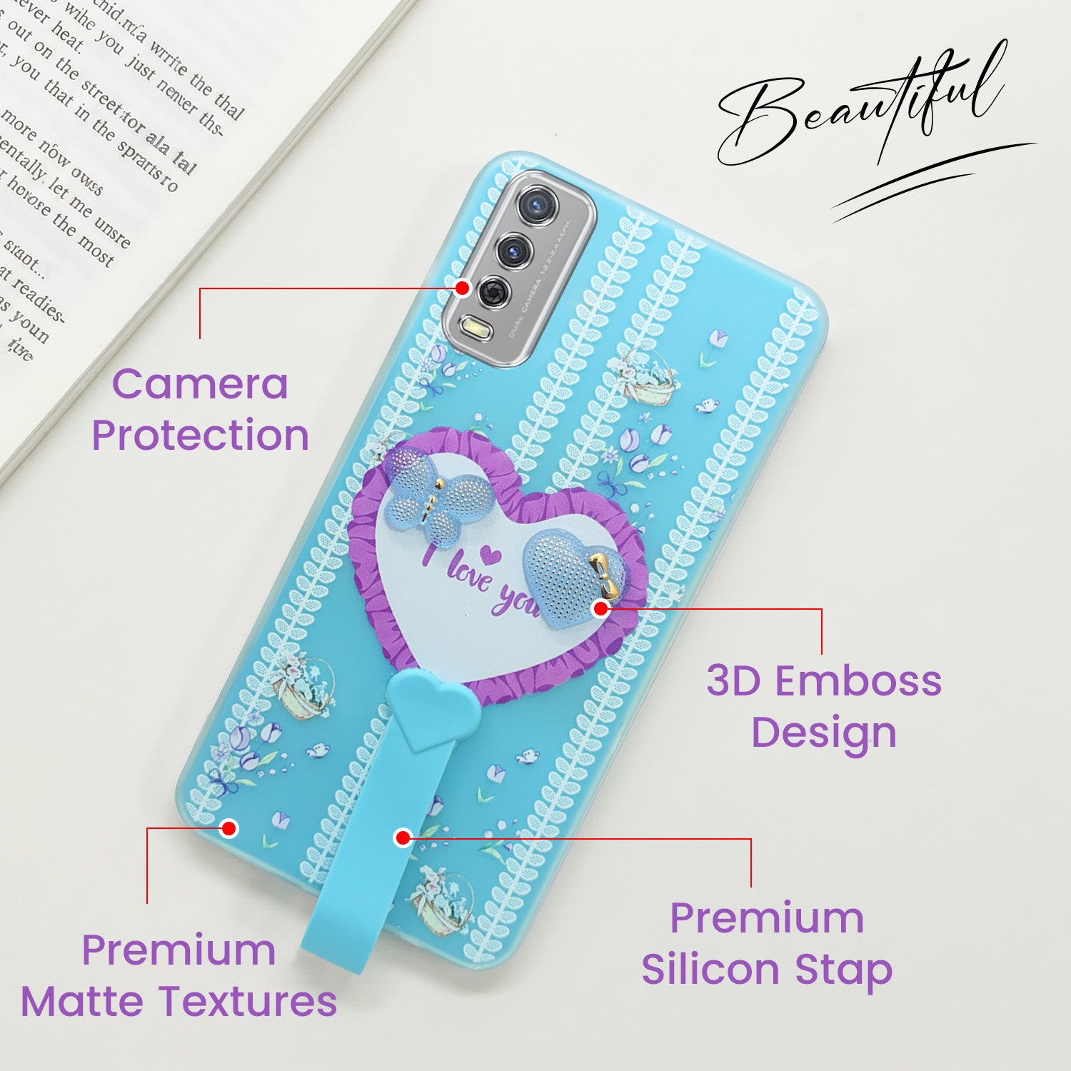 For Vivo Y12s | Y11s | Y12G Back Cover Case (3D Cute Heart Strap Holder | Camera Protection | Designer Girls Print)