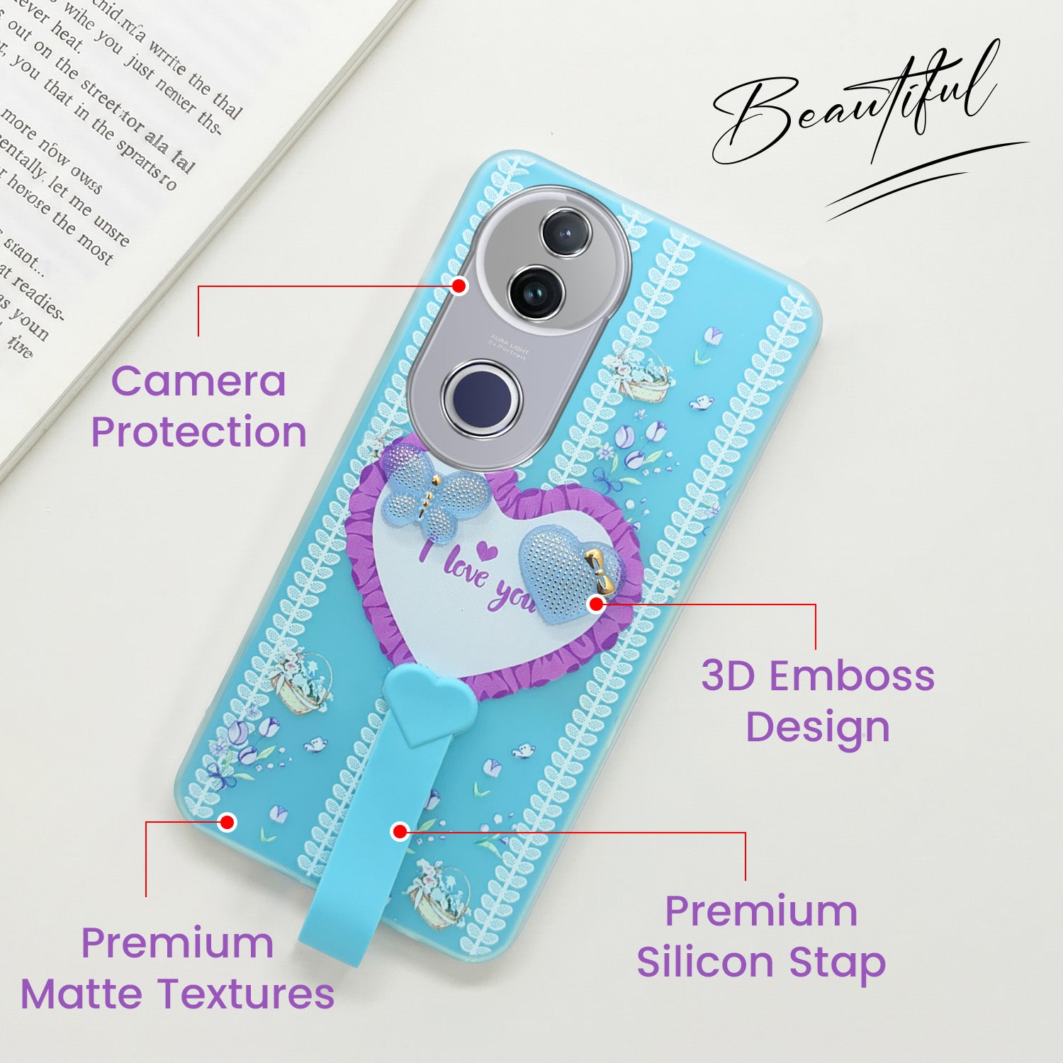 For Vivo T4R  Back Cover Case (3D Cute Heart Strap Holder | Camera Protection | Designer Girls Print)