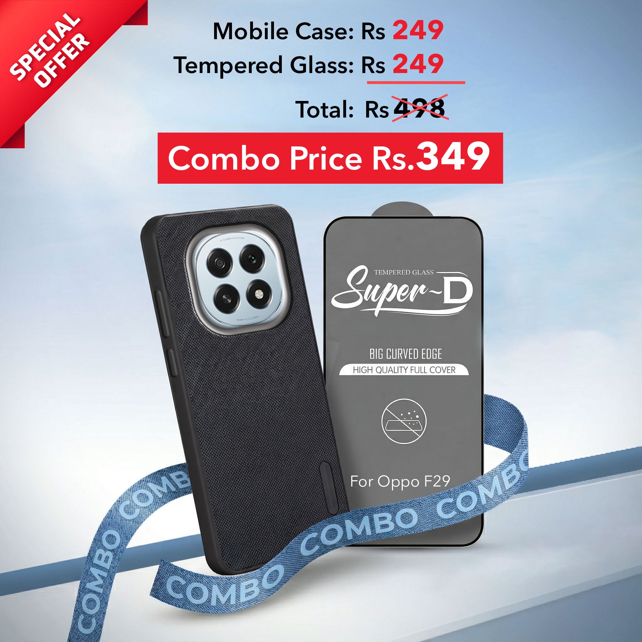 For Oppo F29 Combo with Back Cover and 9H Tempered Glass (Textured Grip Design | Micro-Fiber Cloth Inside | Oleophobic Coating Screen Glass)