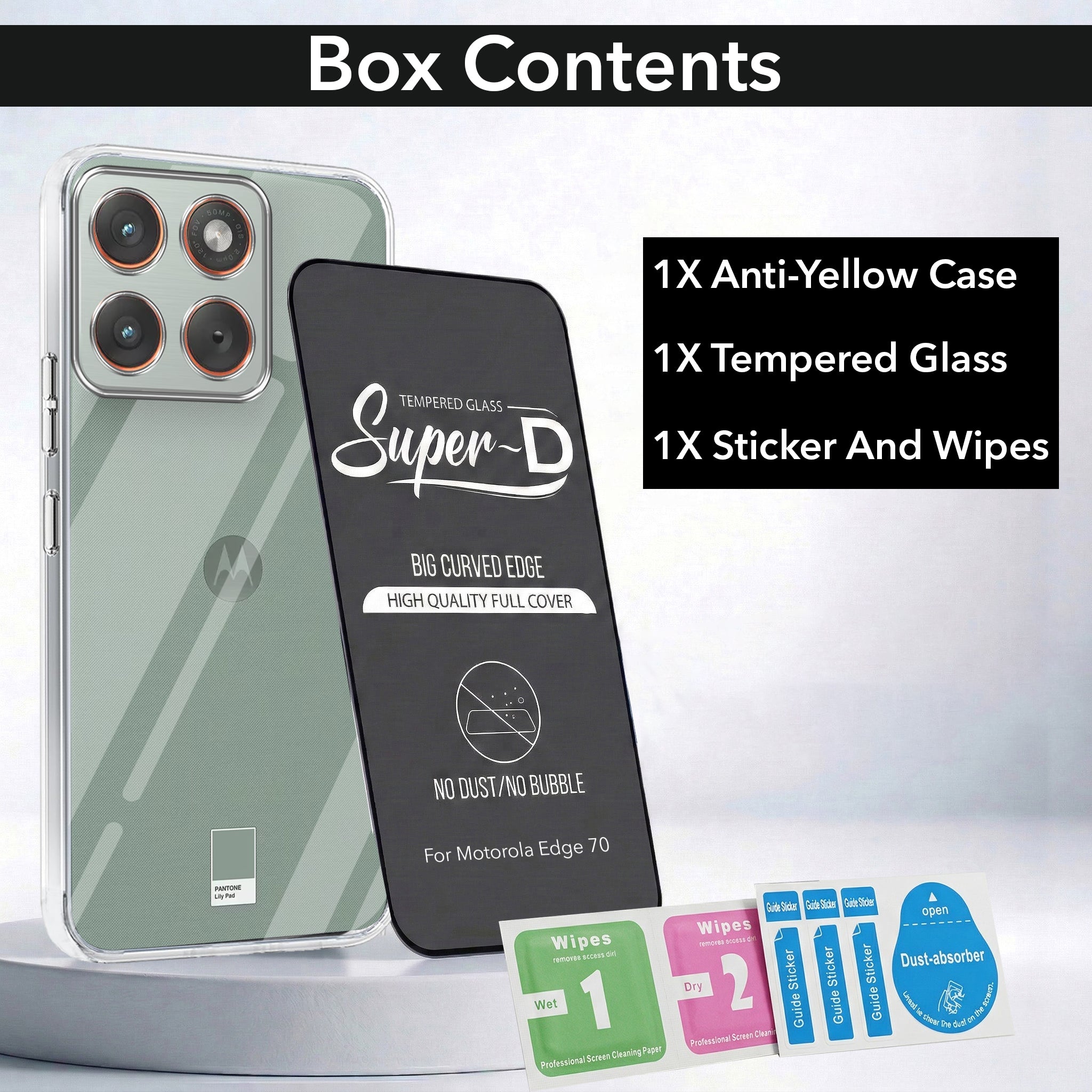 For Motorola Moto Edge 70 Combo with Back Cover and 9H Tempered Glass (Lifetime Anti-Yellow | Sleek Hard Crystal | Oleophobic Coating Screen Glass)