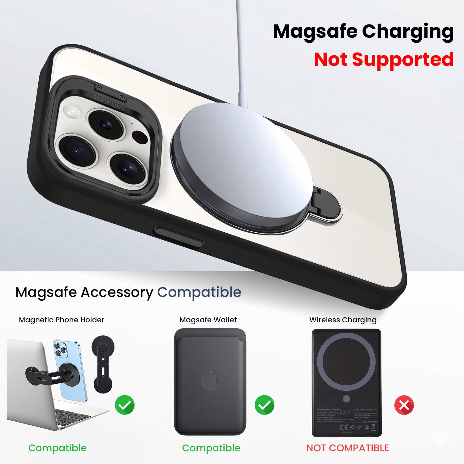 For Apple iPhone 15 Pro Back Cover Case Crystal (Lifetime Anti Yellow | Magnetic Ring Stand | Camera Lens Protection | MagSafe Compatible)