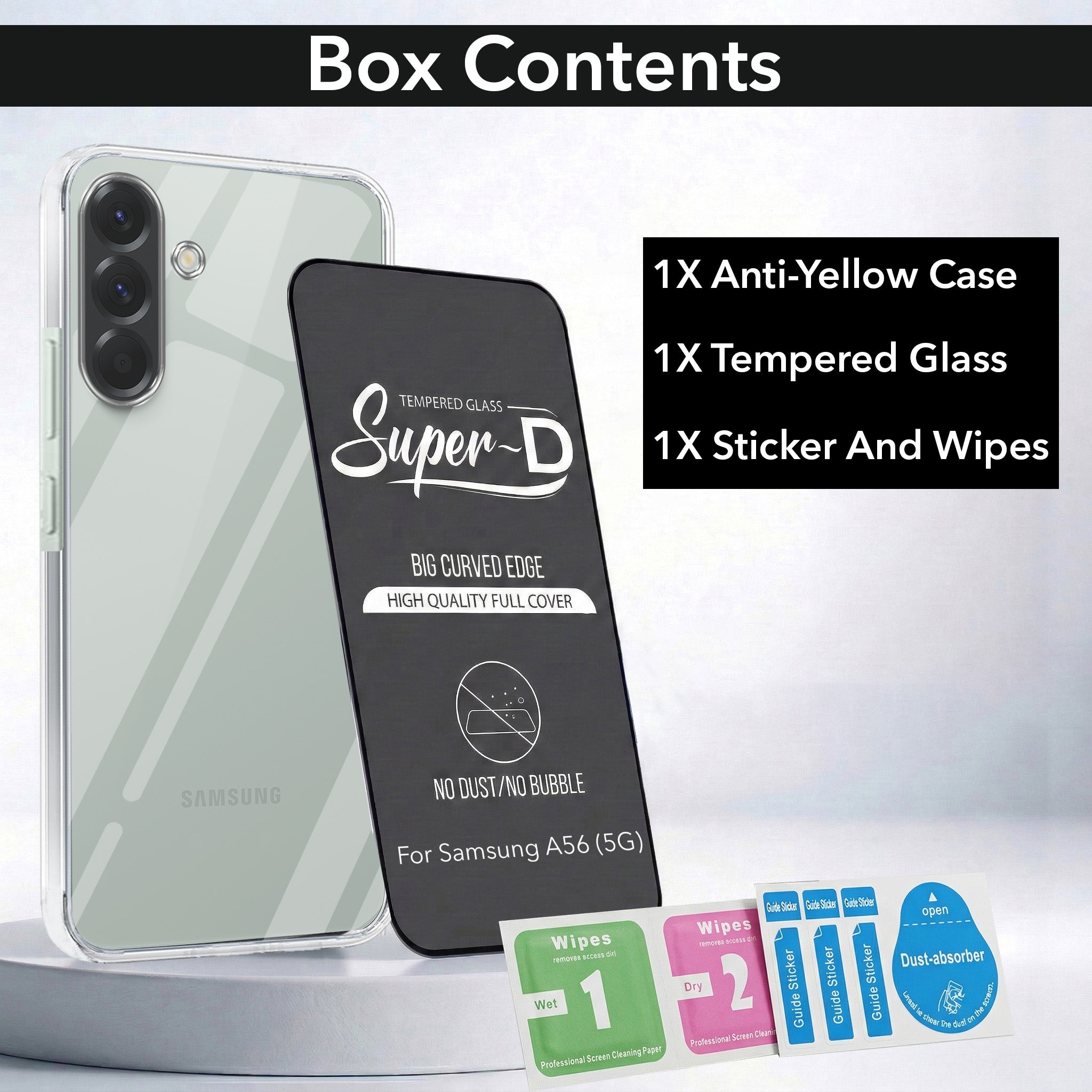 For Samsung Galaxy A56 Combo with Back Cover and 9H Tempered Glass (Lifetime Anti-Yellow | Sleek Hard Crystal | Oleophobic Coating Screen Glass)