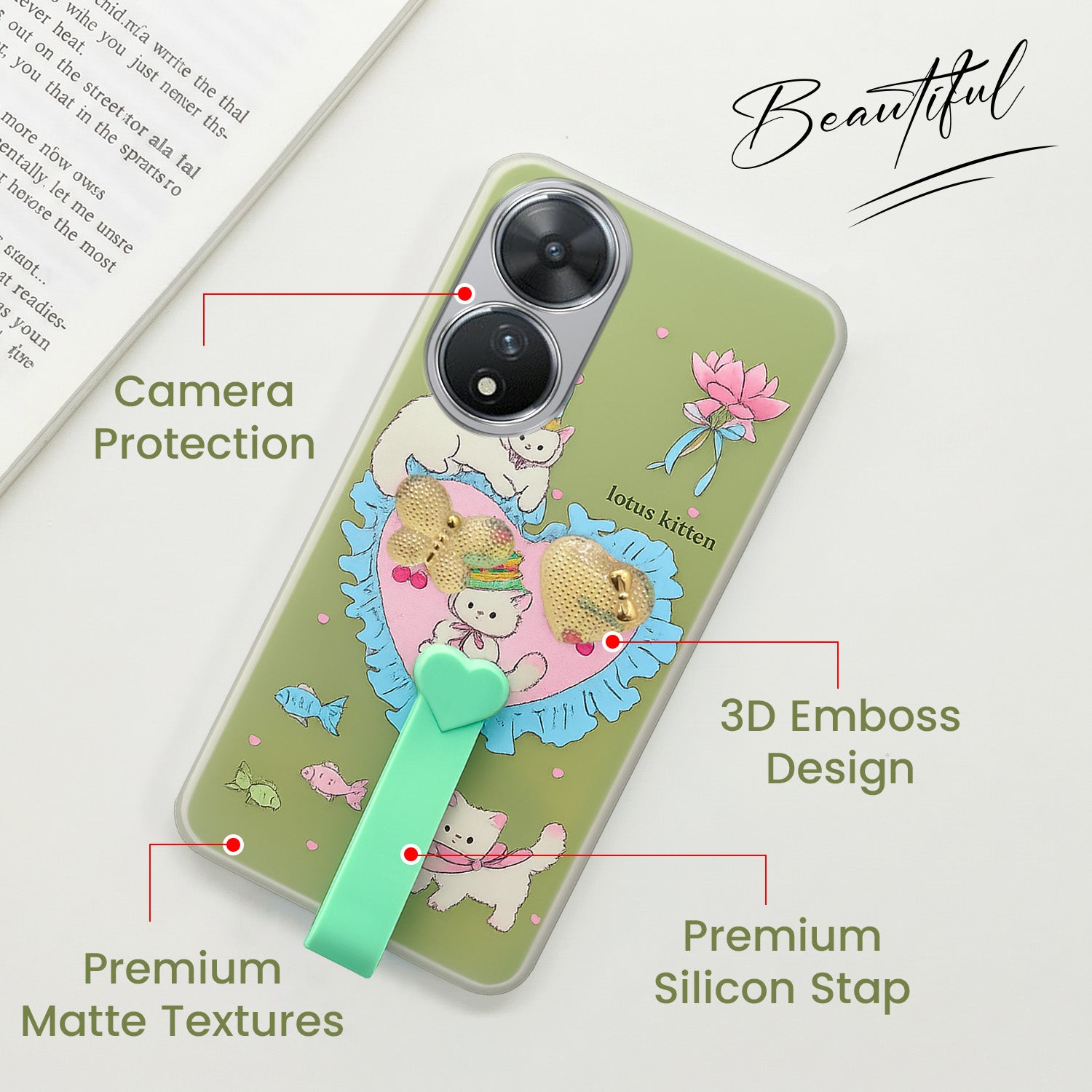 For Vivo T2 Back Cover Case (3D Cute Heart Strap Holder | Camera Protection | Designer Girls Print)