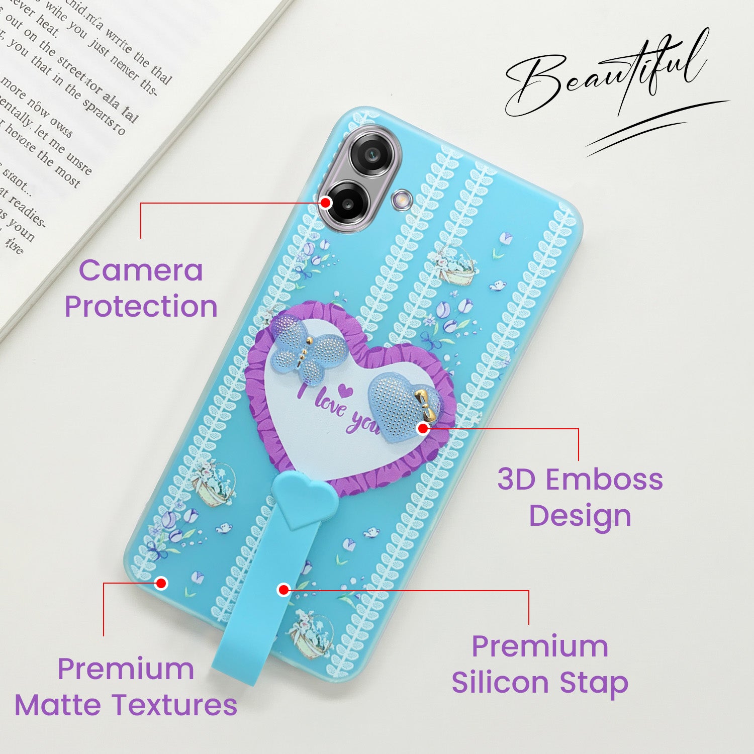 For Samsung Galaxy M17e Back Cover Case (3D Cute Heart Strap Holder | Camera Protection | Designer Girls Print)