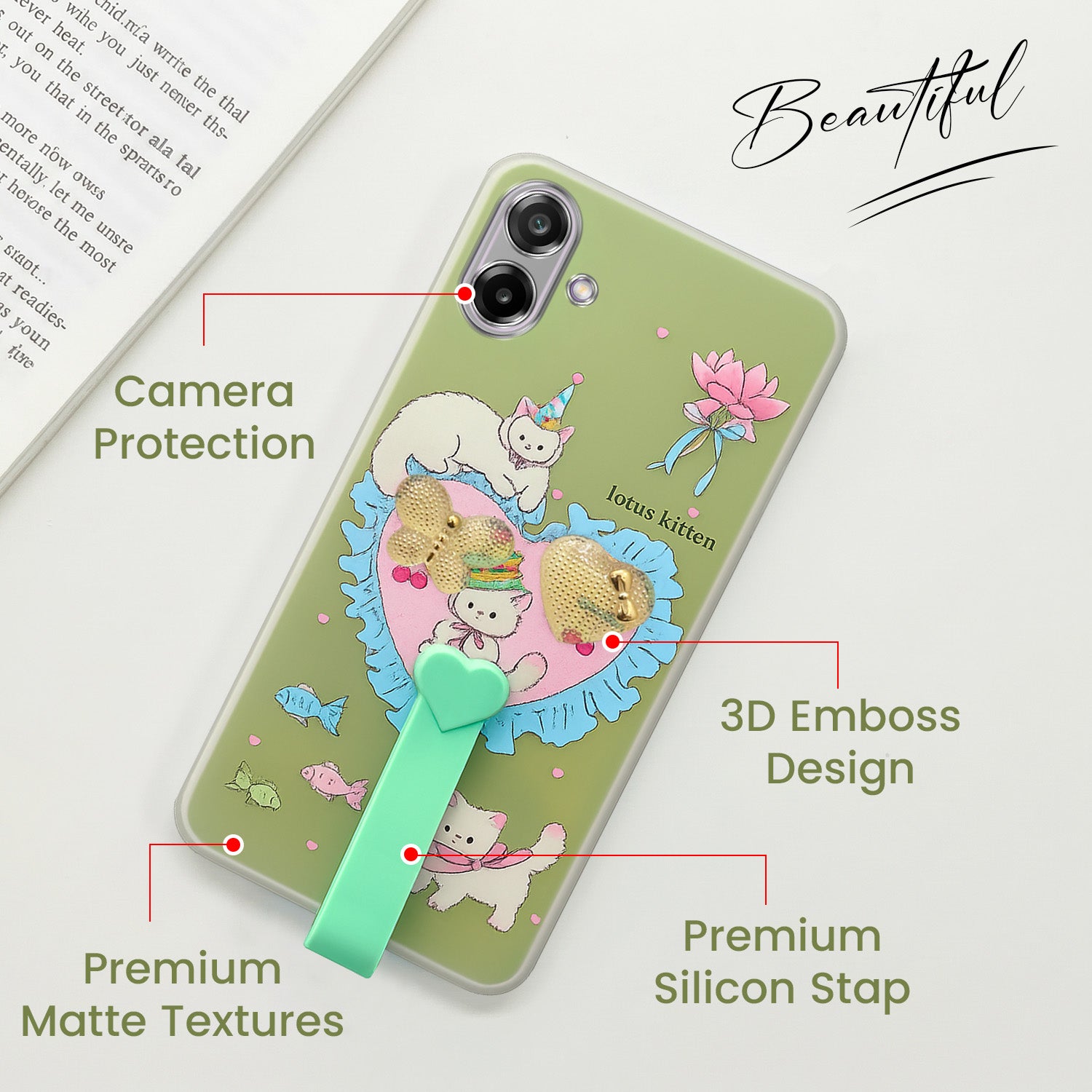 For Samsung Galaxy M17e Back Cover Case (3D Cute Heart Strap Holder | Camera Protection | Designer Girls Print)