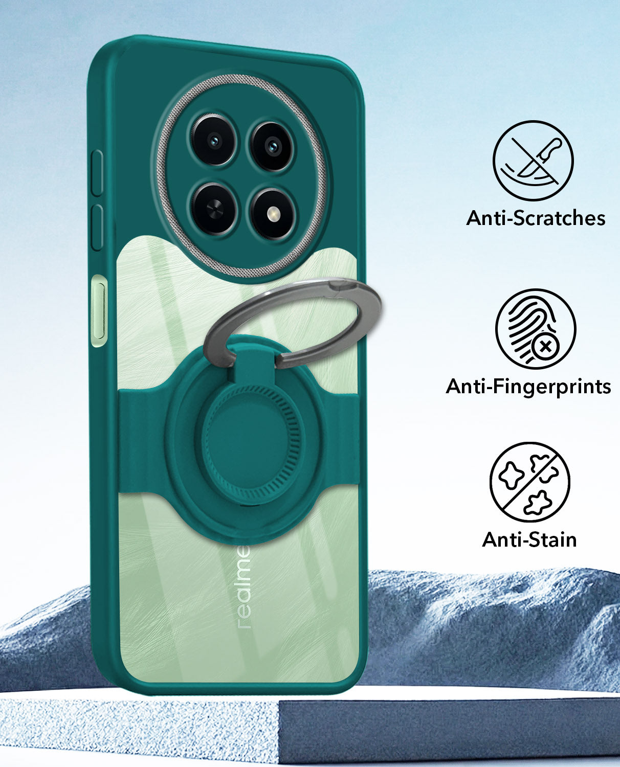 For Realme C65 5G Back Cover Case with stand (Built-in Ring Holder Kickstand | Lifetime Anti Yellow | Camera Protection)