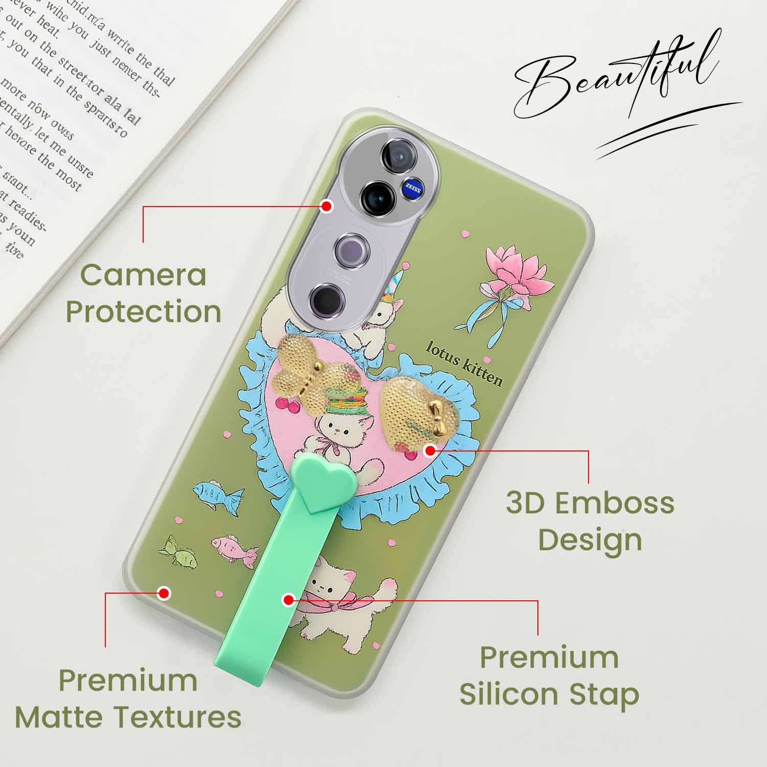 For Vivo V40 | Vivo V40 Pro 5G Back Cover Case (3D Cute Heart Strap Holder | Camera Protection | Designer Girls Print)