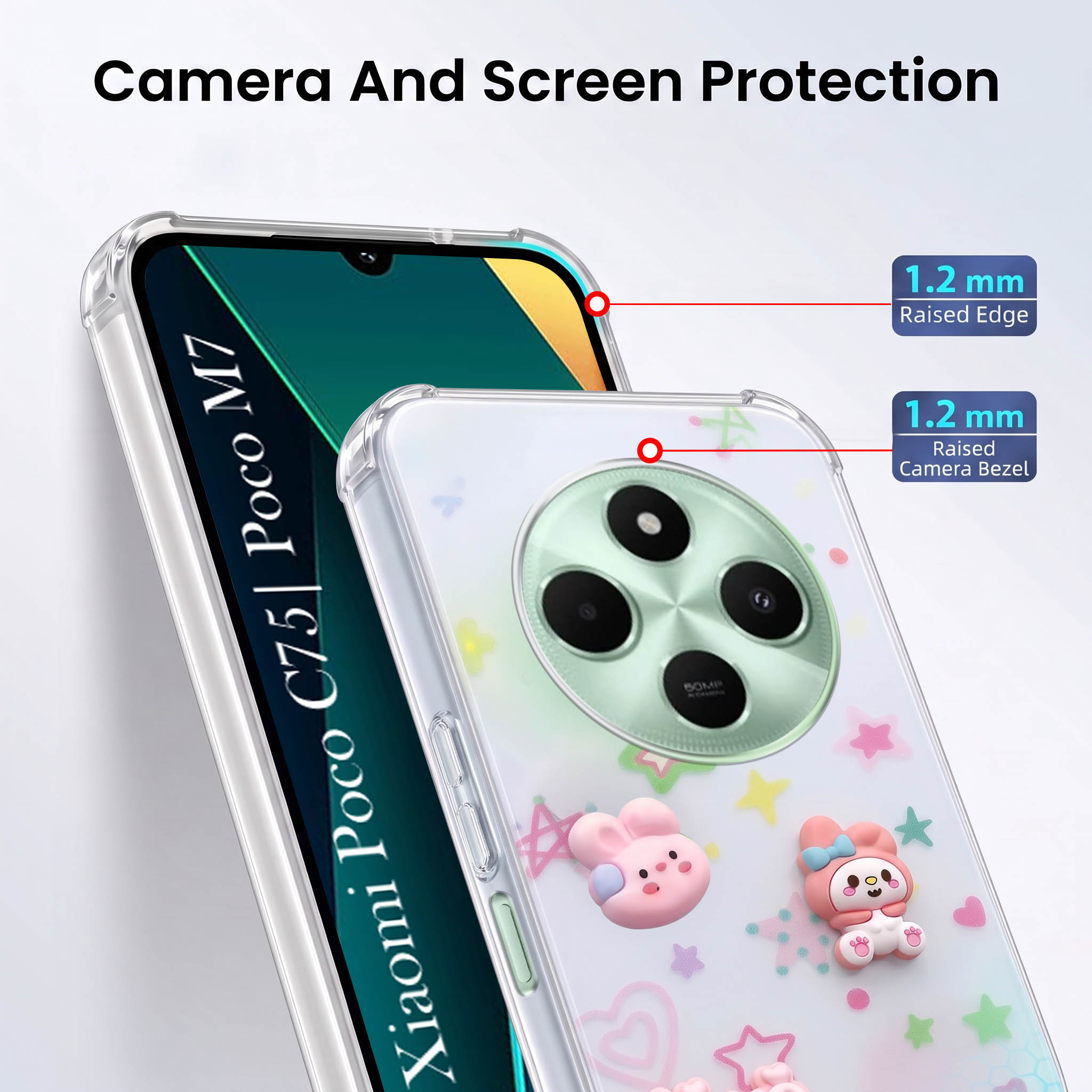 For Poco C75 | Poco M7 Back Cover Case (3D Cute Cartoons | Hard Back Side Soft | Matte Premium Finish | HD Printing)