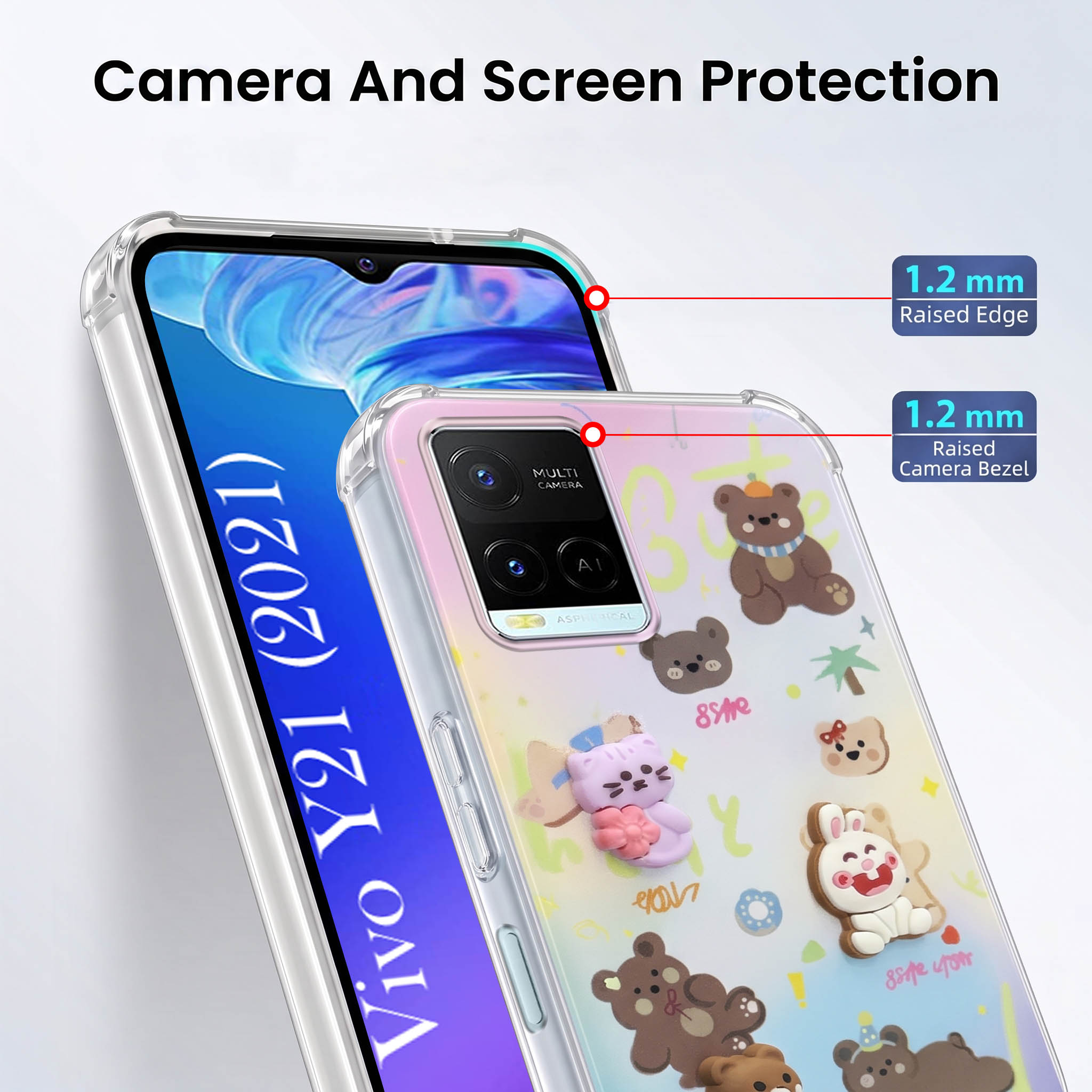 For Vivo Y21 2021 Back Cover Case (3D Cute Cartoons | Hard Back Side Soft | Matte Premium Finish | HD Printing)