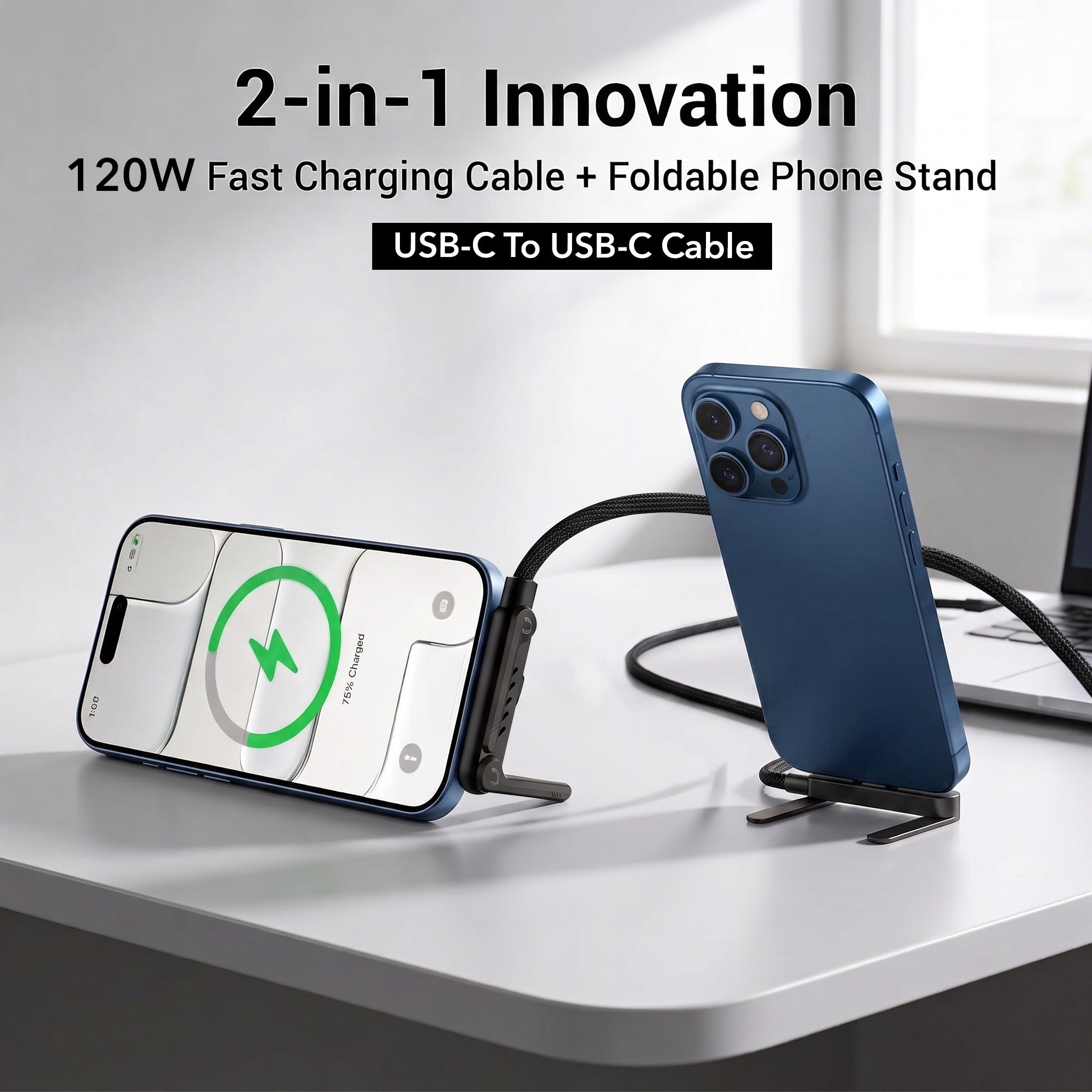 120W 2 in 1 USB-C Fast Charging Cable with Built-in Foldable Phone Stand