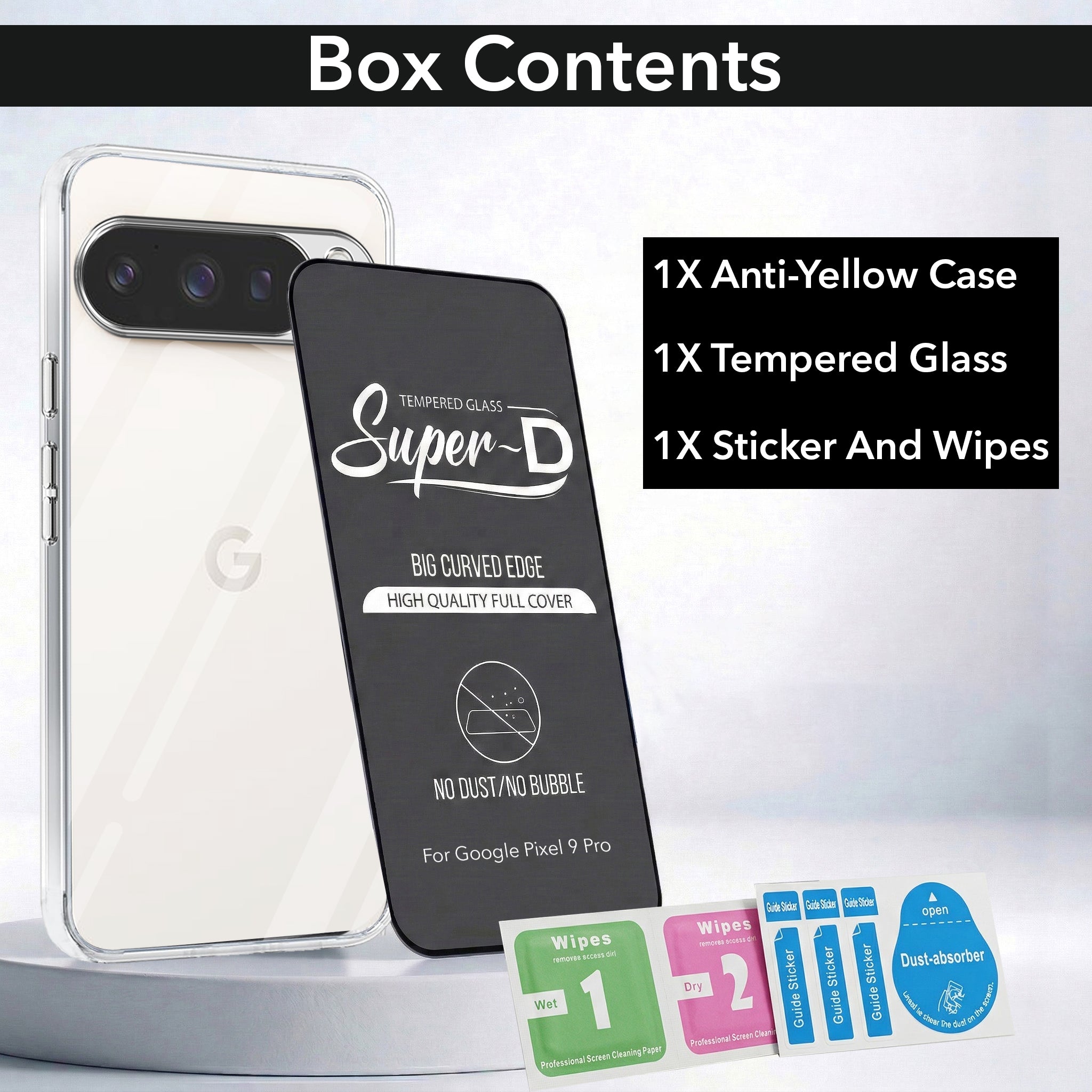For Google Pixel 9 Pro Combo with Back Cover and 9H Tempered Glass (Lifetime Anti-Yellow | Sleek Hard Crystal | Oleophobic Coating Screen Glass)